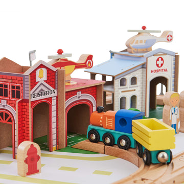 Teamson Kids Train Table Set With 85 Pieces, Preschool Play Lab Activity Table With Wooden Trains, Cars, Railroad, Town Scenery, & More For Kids & Toddlers, Wood Color
