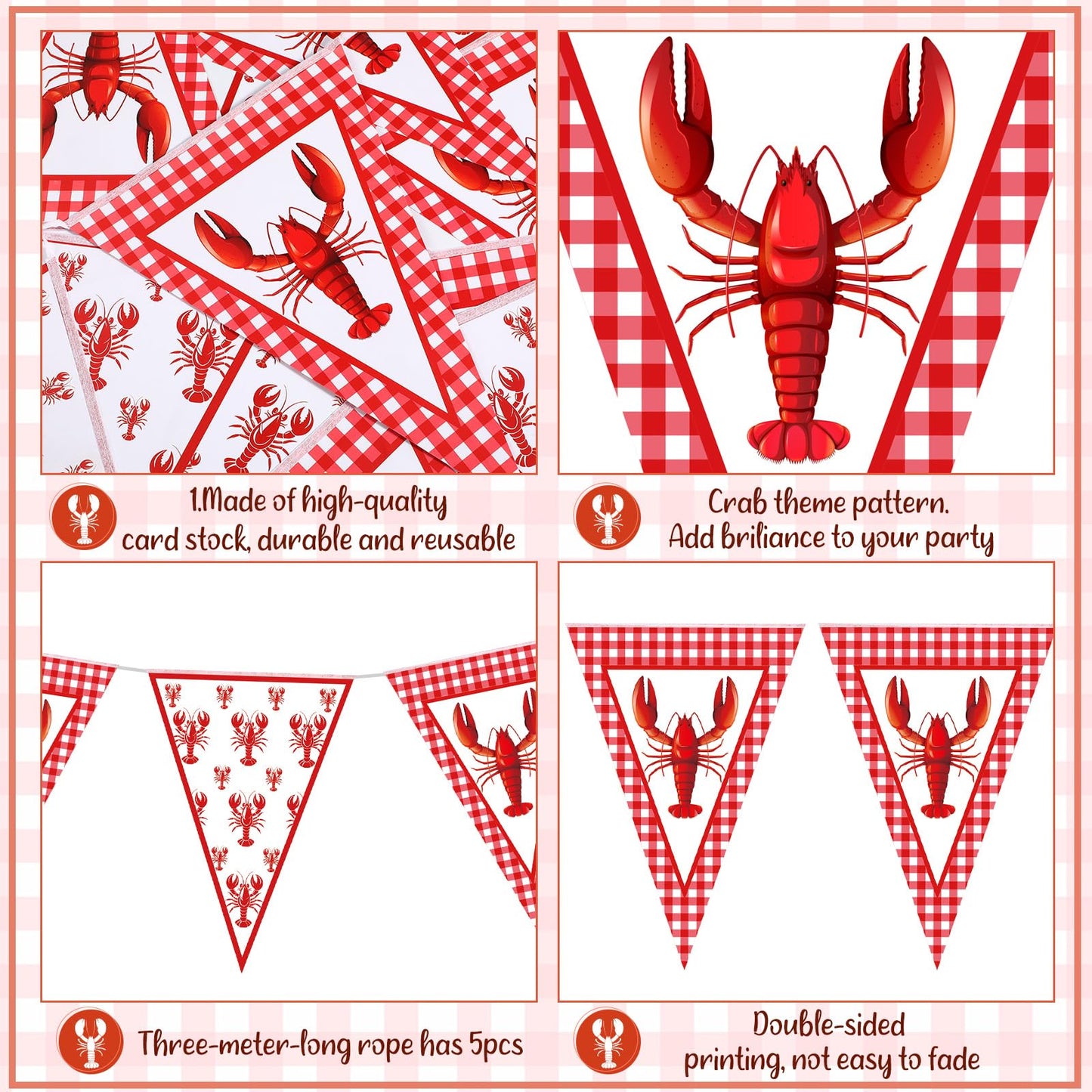 Boao 5 Pcs Crawfish Boil Party Decorations Crawfish Pennant Banner 49. 2ft Shrimp Boil Pennant Flags Red Plaid Hanging Banner fo