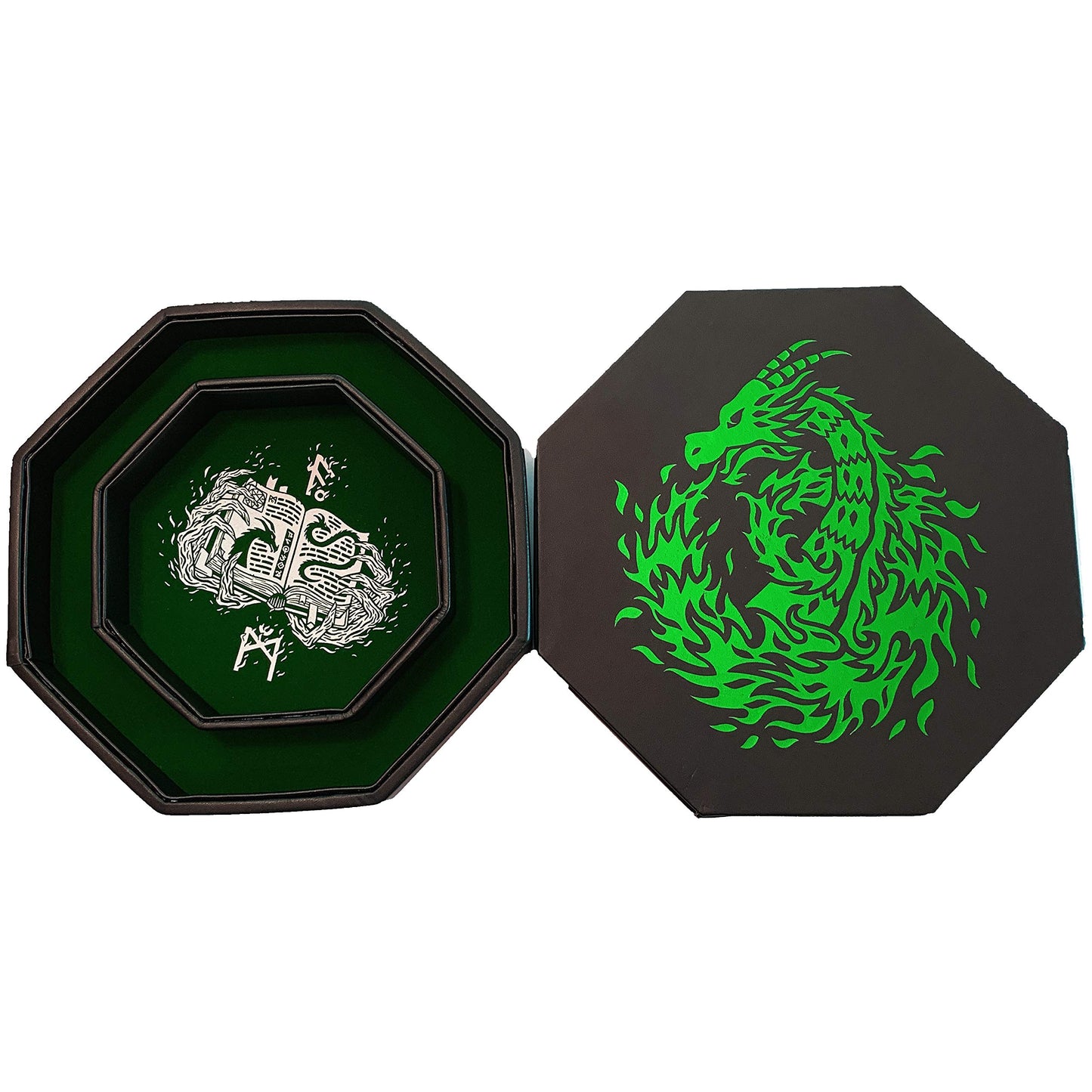 Fantasydice Green Fire Dragon - Dice Tray - 8'' Octagon with Lid and Dice Staging Area- Holds 5 Sets of Dice(7 / Standard) for A