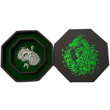 Fantasydice Green Fire Dragon - Dice Tray - 8'' Octagon with Lid and Dice Staging Area- Holds 5 Sets of Dice(7 / Standard) for A
