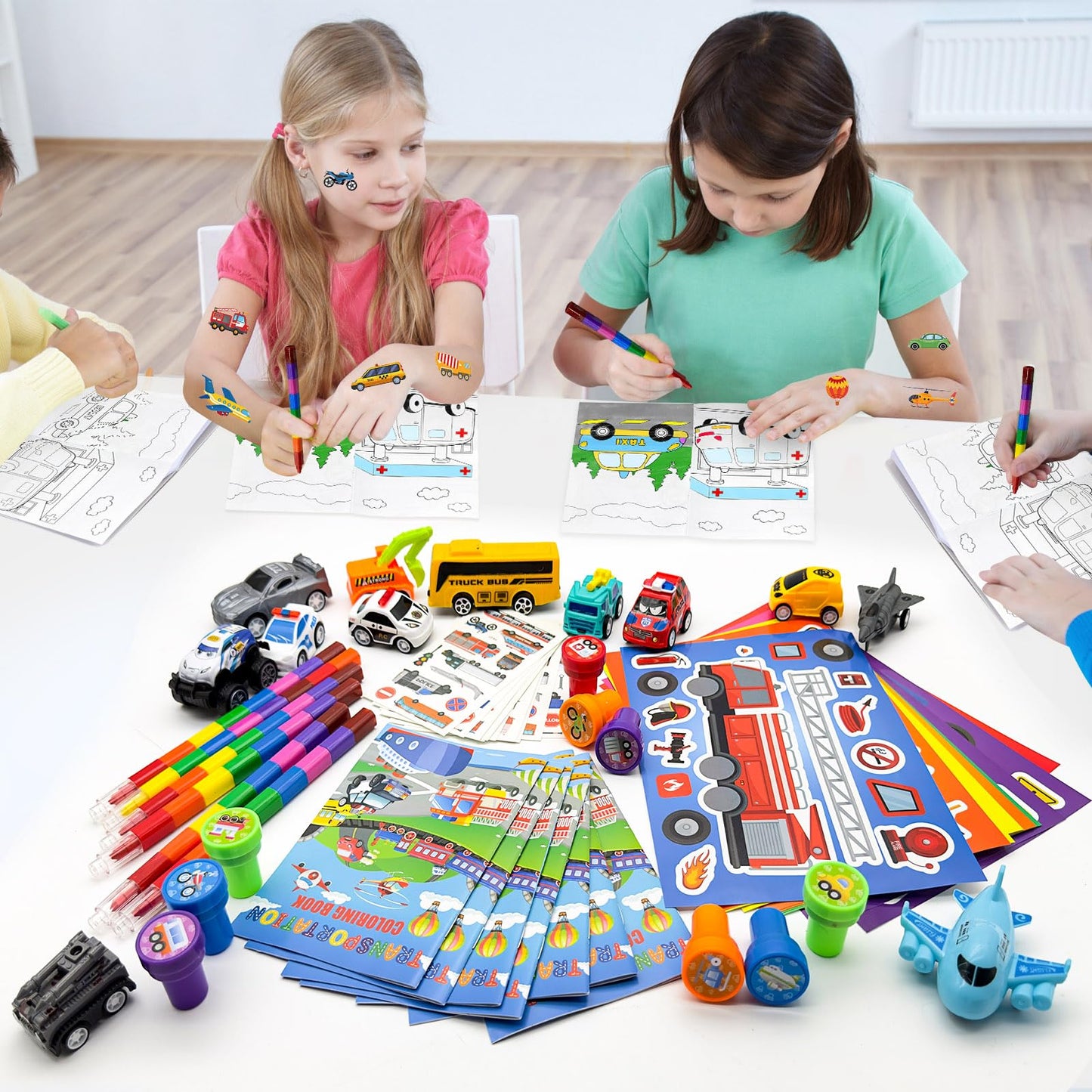 Cinrobiye 72 Pcs Transportation Party Favors Set, Vehicle Car Coloring Books Crayons Tattoos Stickers Stampers,Birthday Supplies