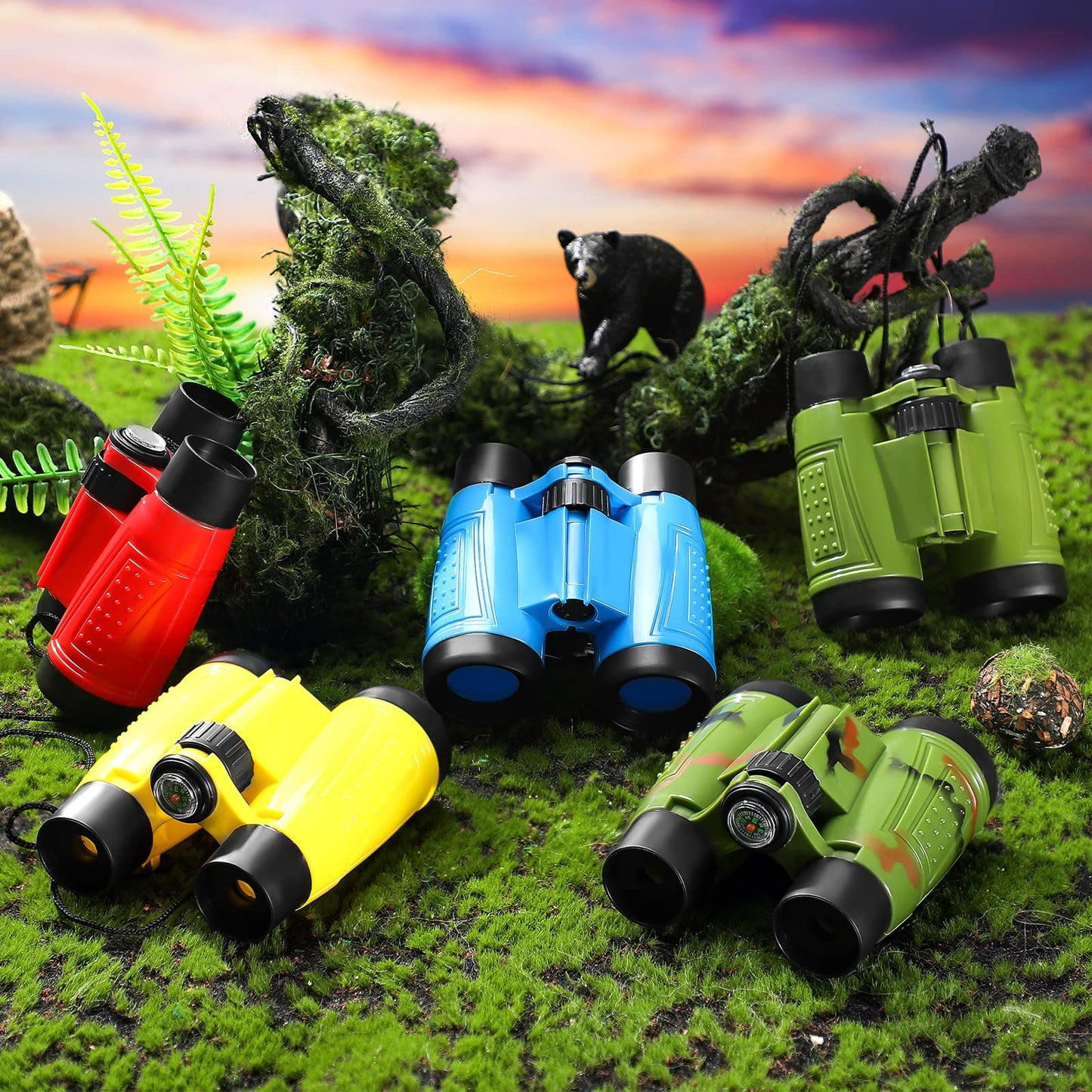 Jutom 25 Pack Binoculars for Kids 6+, Rubber, Red/Yellow/Camo/Green/Blue, with Compass & Neck String, Ideal for Camping & Adventure