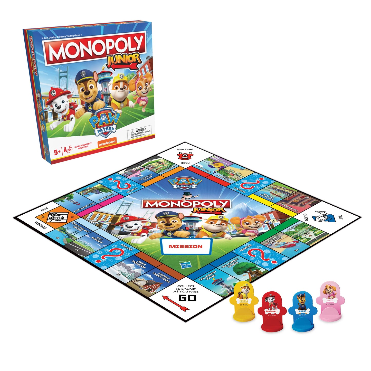 Monopoly Jr Paw Patrol Board Game | Featuring Chase, Marshall, Skye, And Rubble | Officially Licensed Nickelodeon Paw Patrol Game | Family-Friendly Children'S Monopoly Game | Ages 5 & Up