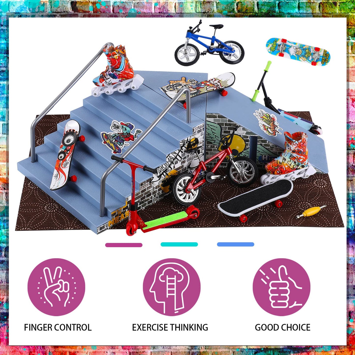 Civaner Fingerboard Skatepark Set 24 Pcs Mini Finger Toy With Finger Skateboards Ramp, Finger Bikes, Finger Scooter, Finger Skates For Skate Lovers Gift