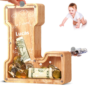 Ubeesize Personalized Wooden Kids Letter Piggy Bank,Piggy Bank For Boys Girls,Coin Bank Birthday Gift For Kids, Adults Gift Decoration(L)