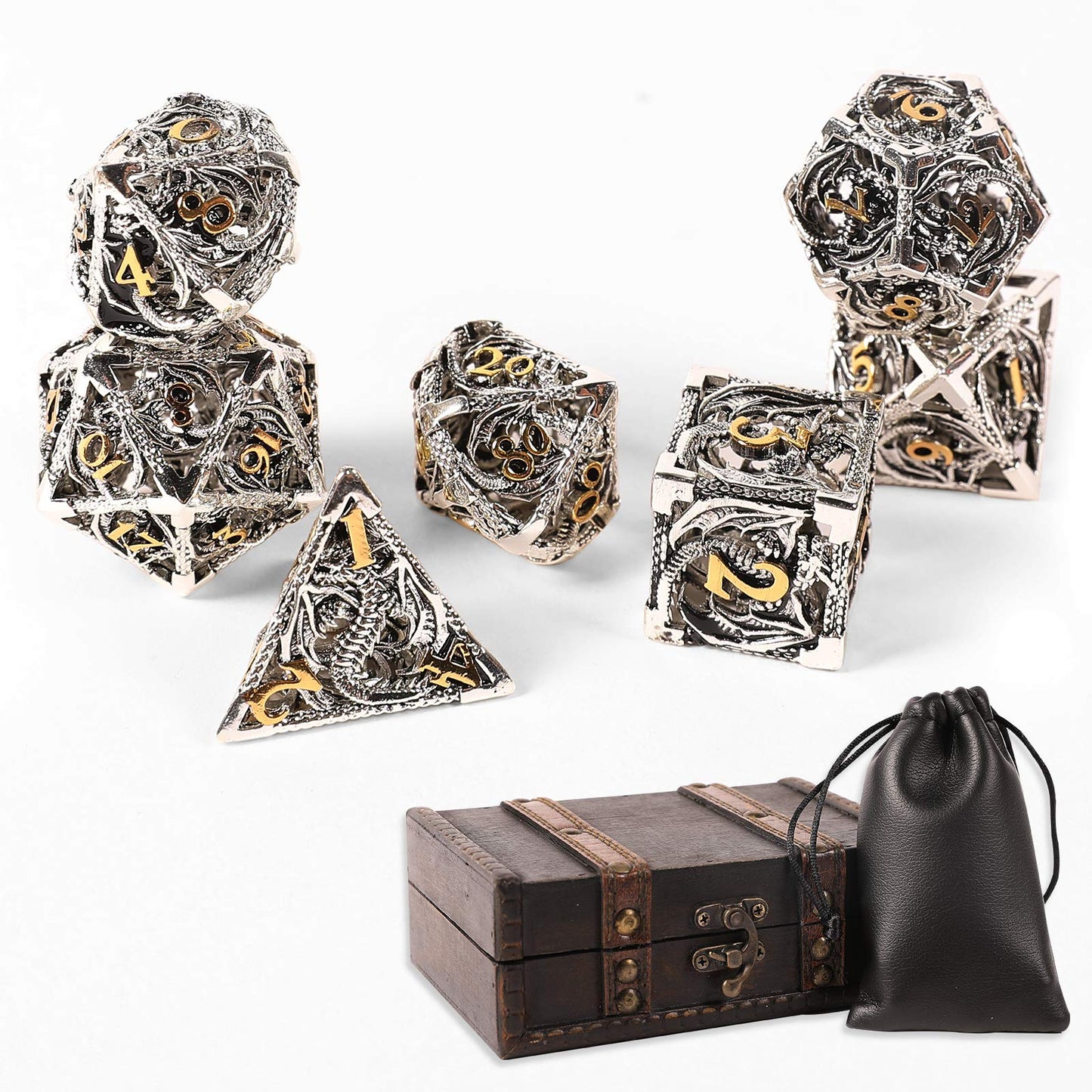 Ancient Deer 7pcs Metal Dice Set - Silver Dragon Pattern for D&D, RPG, MTG, Pathfinder, Tabletop Games