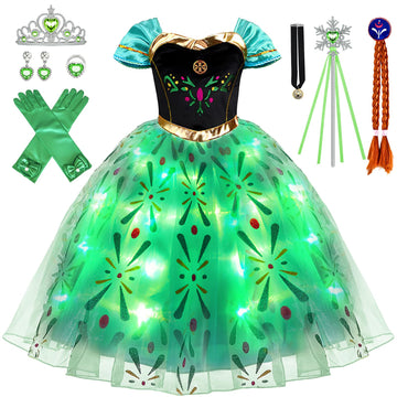 Latocos 10Pcs Light Up Anna Costume For Girls Kids Princess Dress Up Cloths For Little Girls Halloween Cosplay