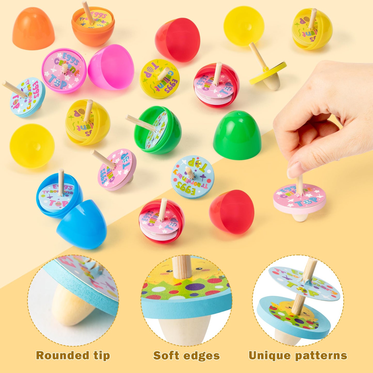 Beyumi Easter Wooden Spinning Tops - 30Pcs Plastic Colorful Easter Eggs Filled With Wooden Spinning Tops Present For Egg Hunt Ba
