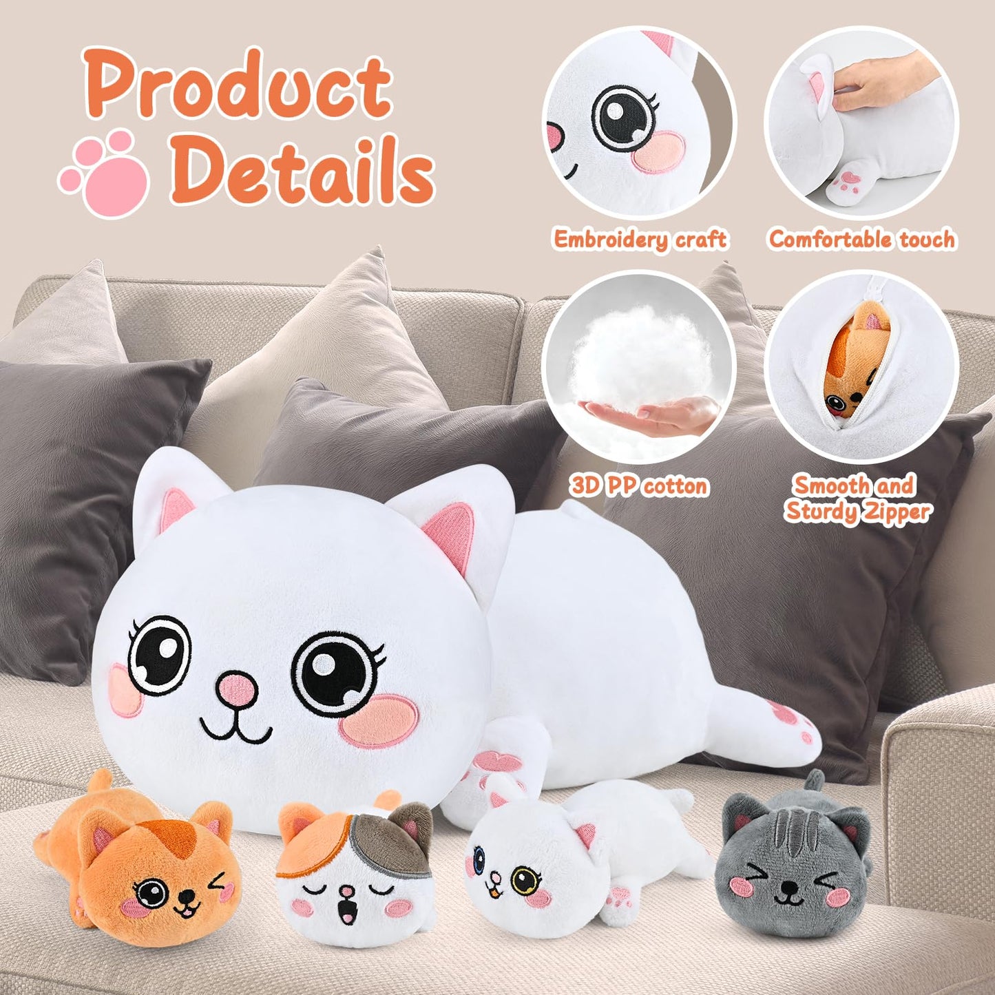 KMUYSL Cat Plush Toy - Mommy Cat with 4 Baby Kittens - Orange - Ideal Gift for Kids Ages 3-8+ - Model Cat-Plush-0505