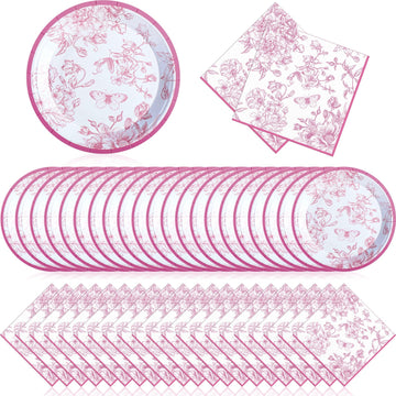 Zhehao 120 Pcs Disposable Paper Plates and Napkins Bulk Birthday Party Decorations Wedding Party Supplies(Pink,Pink Flowers)