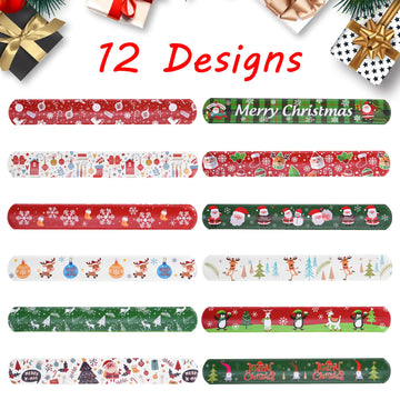 ZENZAL 48PCS Christmas Slap Bracelets Slap Xmas Snap Bracelet Party Favors Toys Slap Bands Assorted Christmas Theme Pattern for