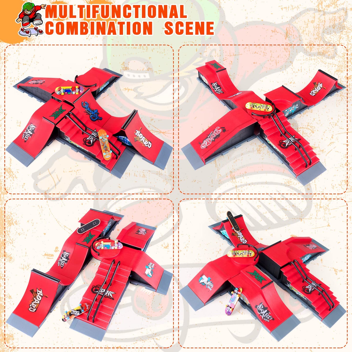 Finger Skateboards  MOMSIV Mini Finger Toy Skateboard Park Ramp Kit Fingerboard Half Pipe Ultimate Parks Training Props Accessories for Kids mature-themed 6 in 1