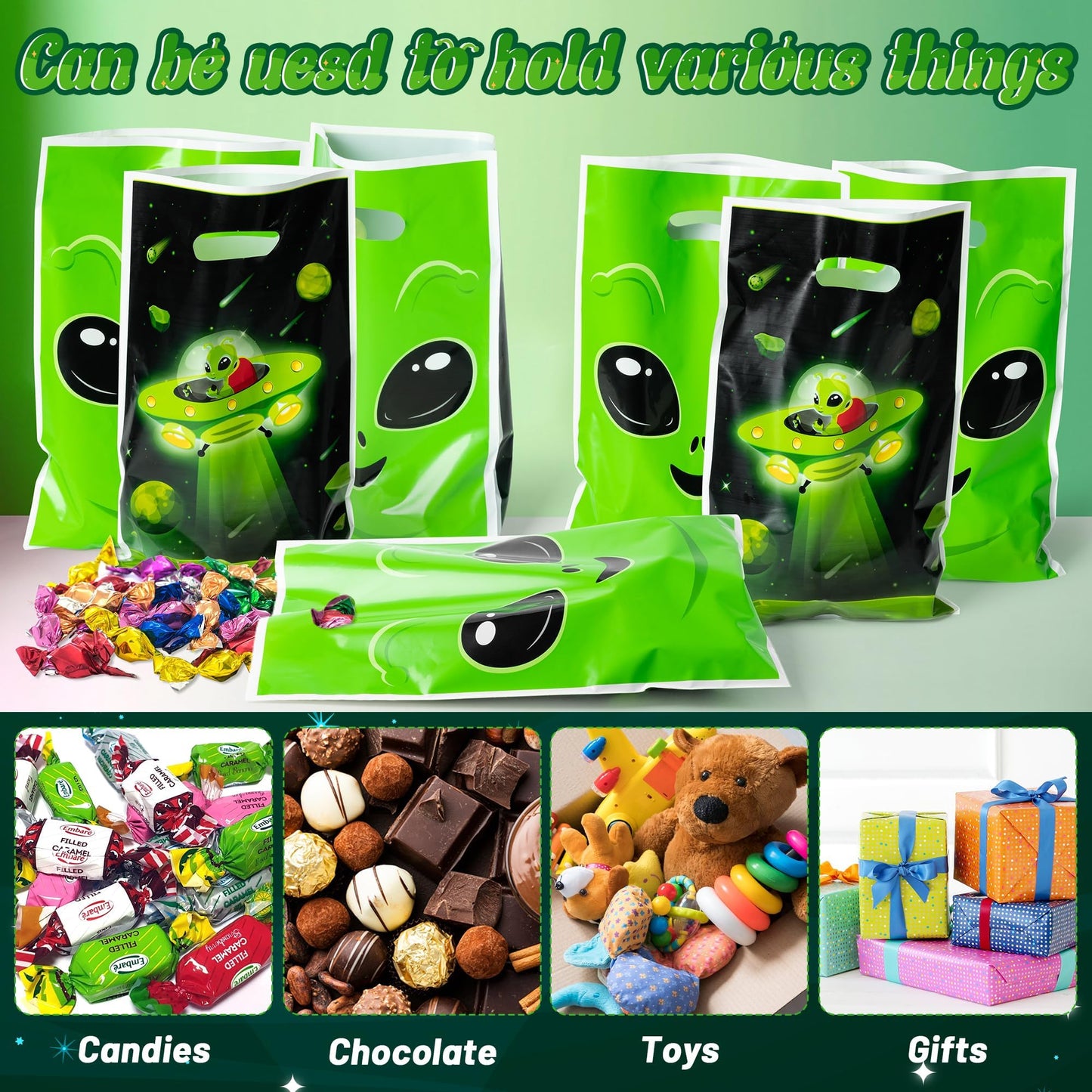 ArianQicult Alien Party Favor Bags - 50Pcs Fun Alien Party Gift Bags, Green Alien Goody Candy Treat Bags, Space Theme Party Deco