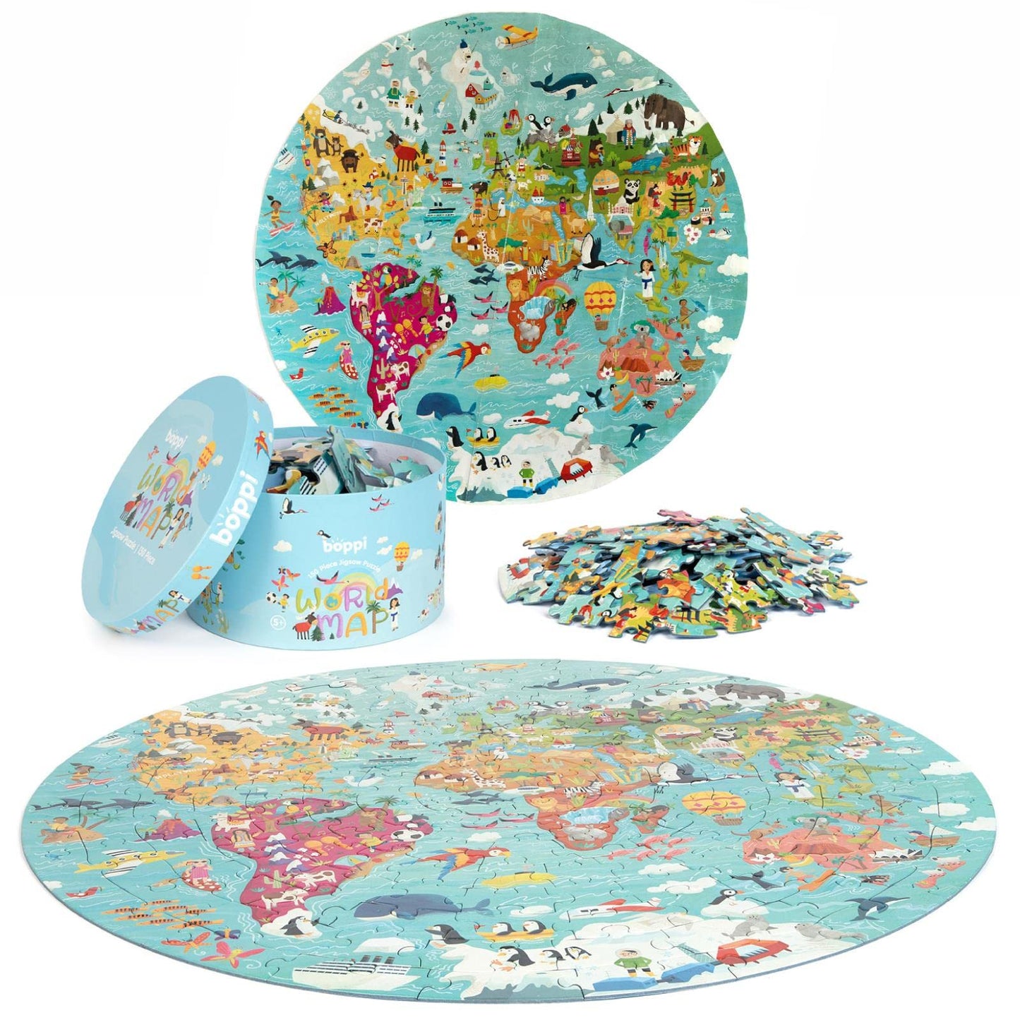 boppi World Map Round Jigsaw Puzzle, 150 Pieces, 58cm Diameter, 100% Recycled Card, Suitable for Kids Ages 5-8