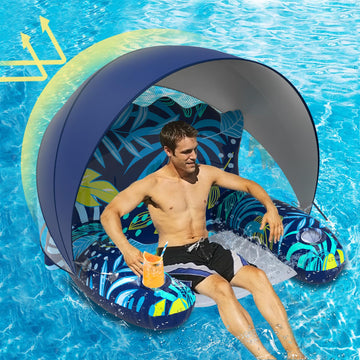 Inflatable Pool Floats Adult With Canopy, Xl Pool Chair Lounge Float Raft Heavy Duty With Sun Shade Cover, Cup Holders, Water Po