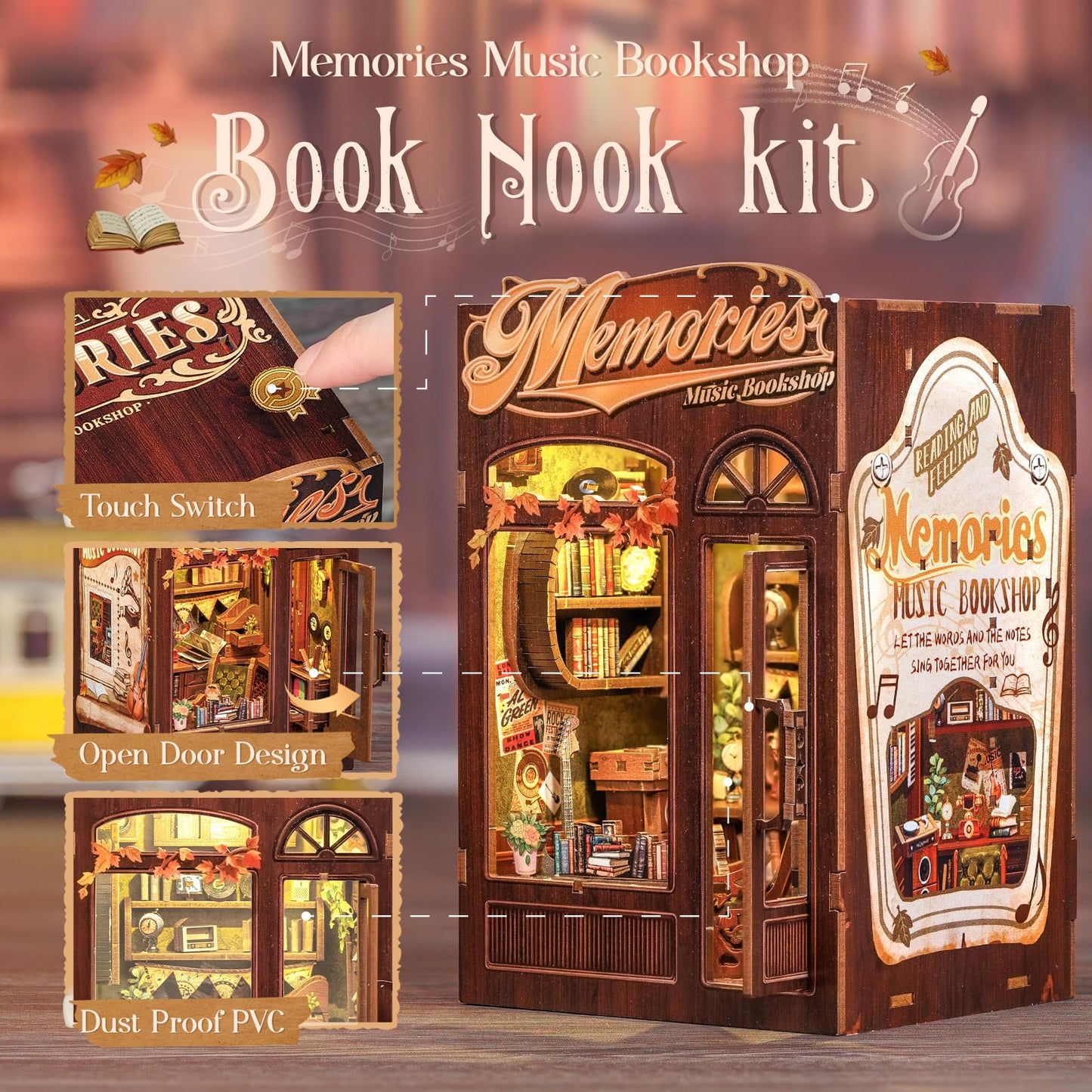 Fsolis Book Nook Kit  DIY Miniature Room House Kit for mature-themed Activity Bookshelf Decor Puzzle Booknook Gifts for Women Teenagers Craft Lovers(Memories Music Bookshop)