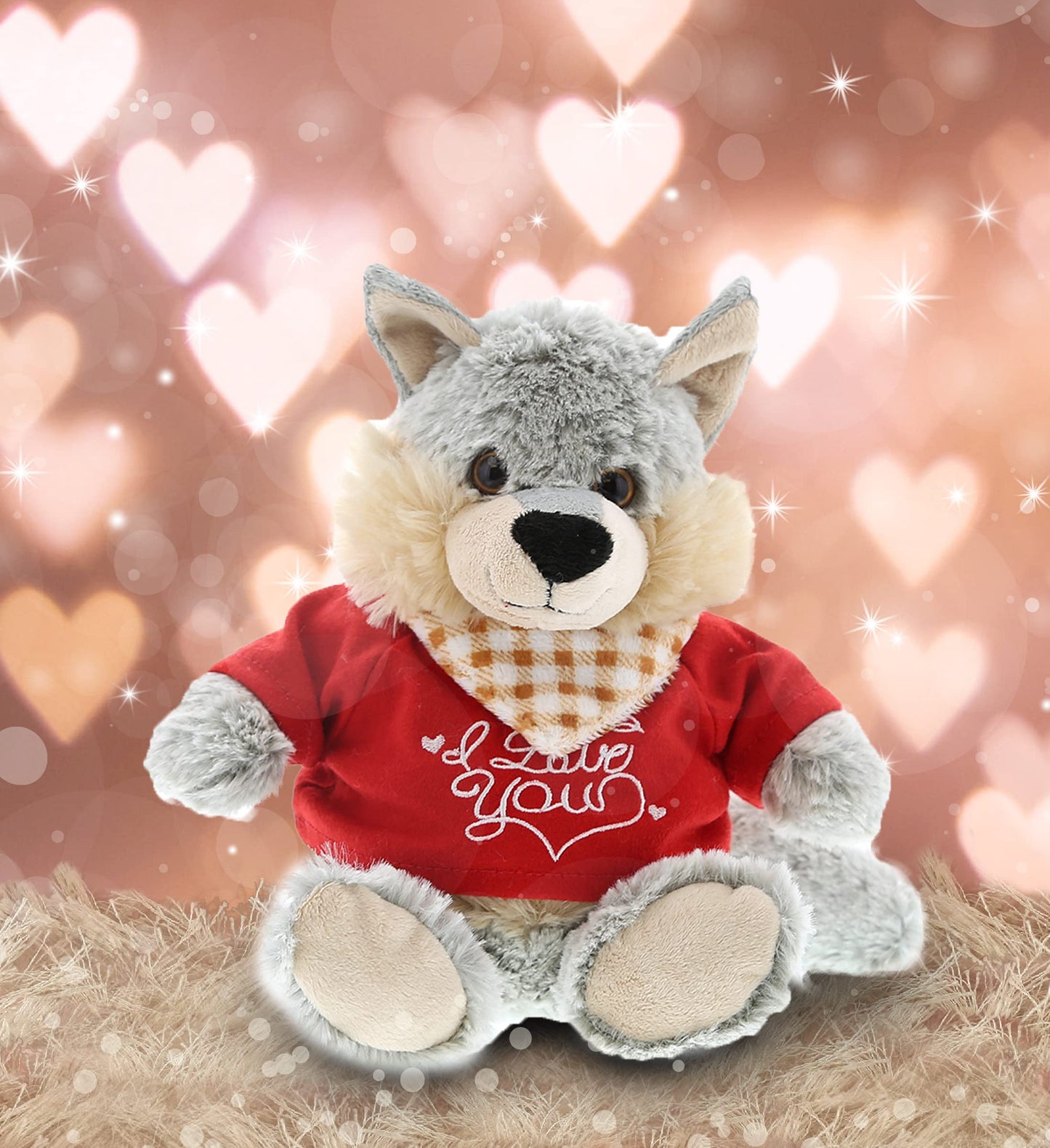 DolliBu I Love You Valentine Plush Sitting Wolf - Cuddly Soft Cute Stuffed Animal with Red Heart Shirt Gift for Valentines Day  Birthday Present  Anniversary  Romantic Date - 9 Inches