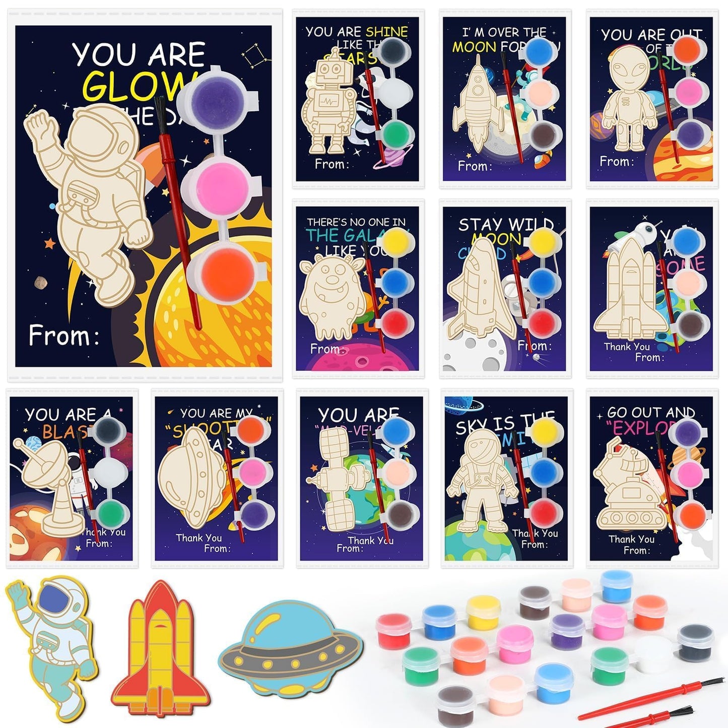 36Pcs Space Party Favors Space Cards with Art Supplies Outer Space DIY Wood Painting Craft Kits Astronaut Thank You for Coming G