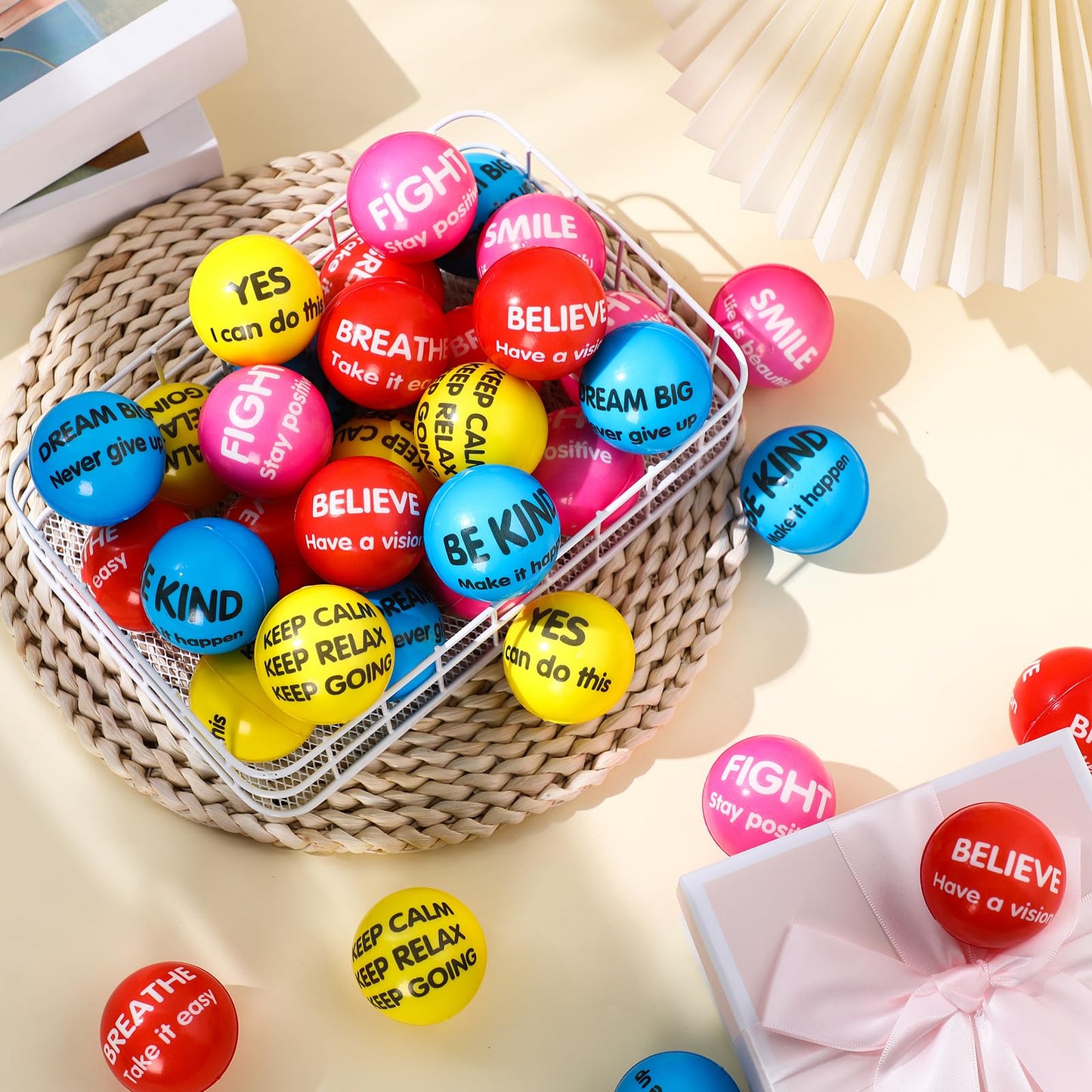 Liliful 48 Pieces Motivational Stress Balls Bulk for mature-themeds Kids Fidget Toys Inspirational Squeeze Balls Christmas Employee Appreciation Gift mature-themed Goodie Bag Stuffer 2.2 Inch(Bright Colors)