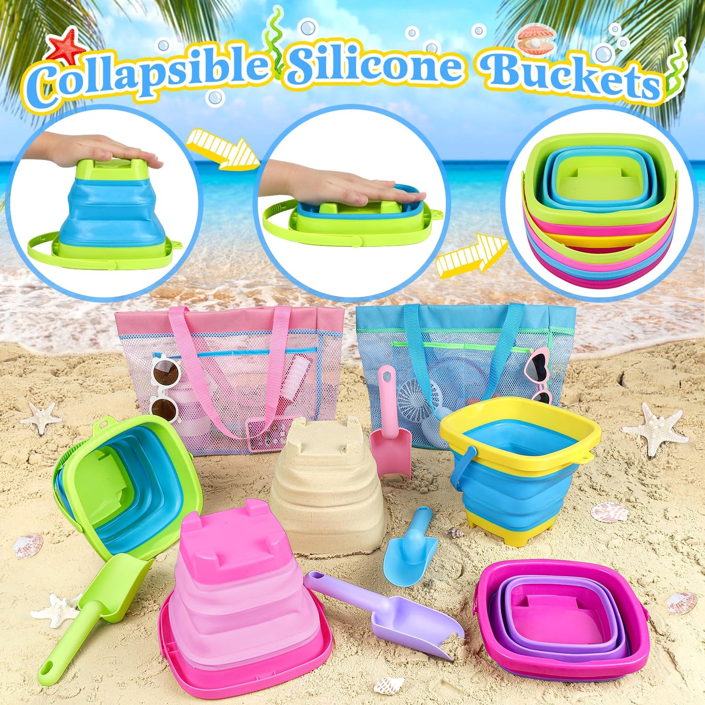 Collapsible Beach Buckets for Kids, 4 Packs Foldable Sand Buckets and Shovels with Mesh Beach Bag, Silicone Sand Pails for Toddl