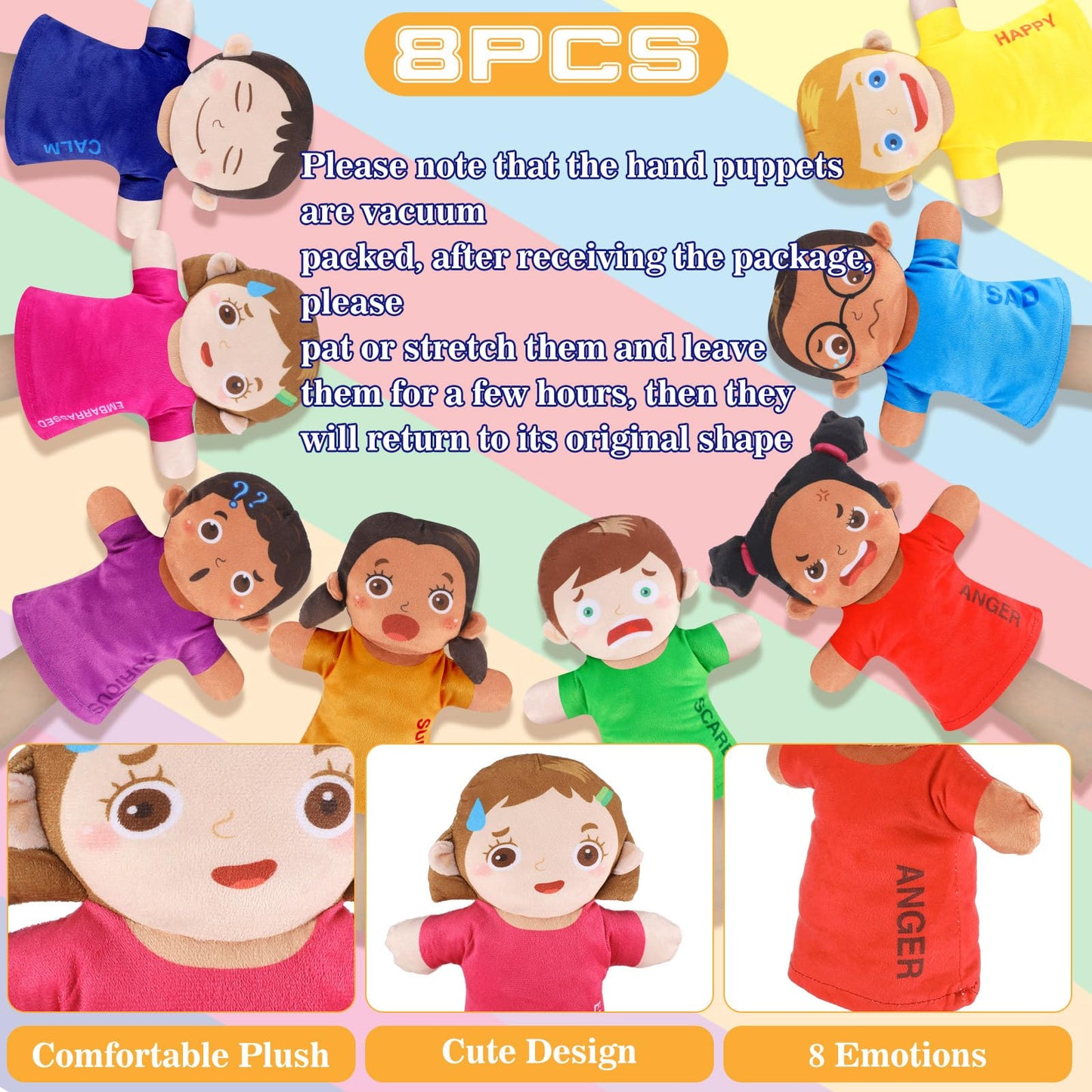 Gemscream 8 Pcs Feelings Hand Puppets with 8 Emotions Soft Plush Multicultural Puppets Ventriloquist Emotion Dolls for Social Em