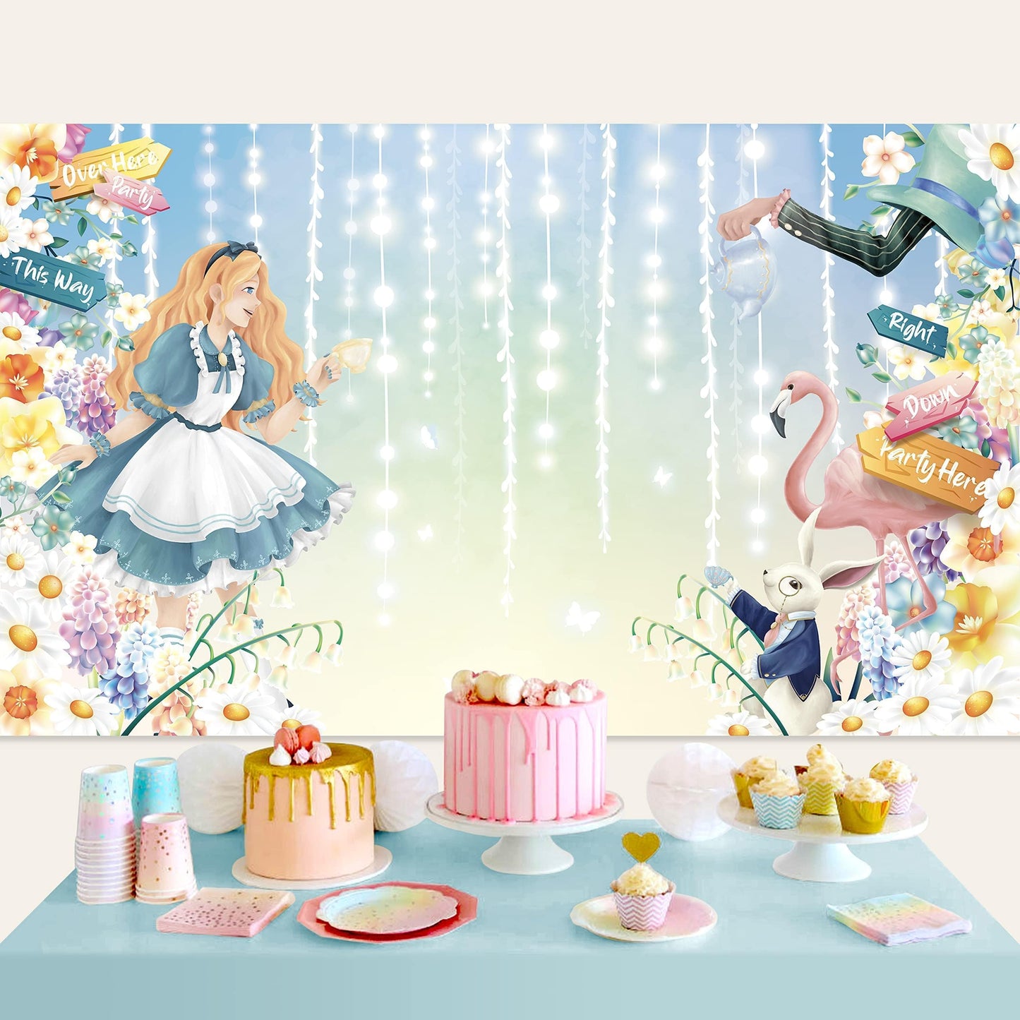 Cheerland 5X3 Ft Alice In Wonderland Backdrop For Girls Birthday Party Decorations Floral Tea Party Easter Bunny Banner Backgrou