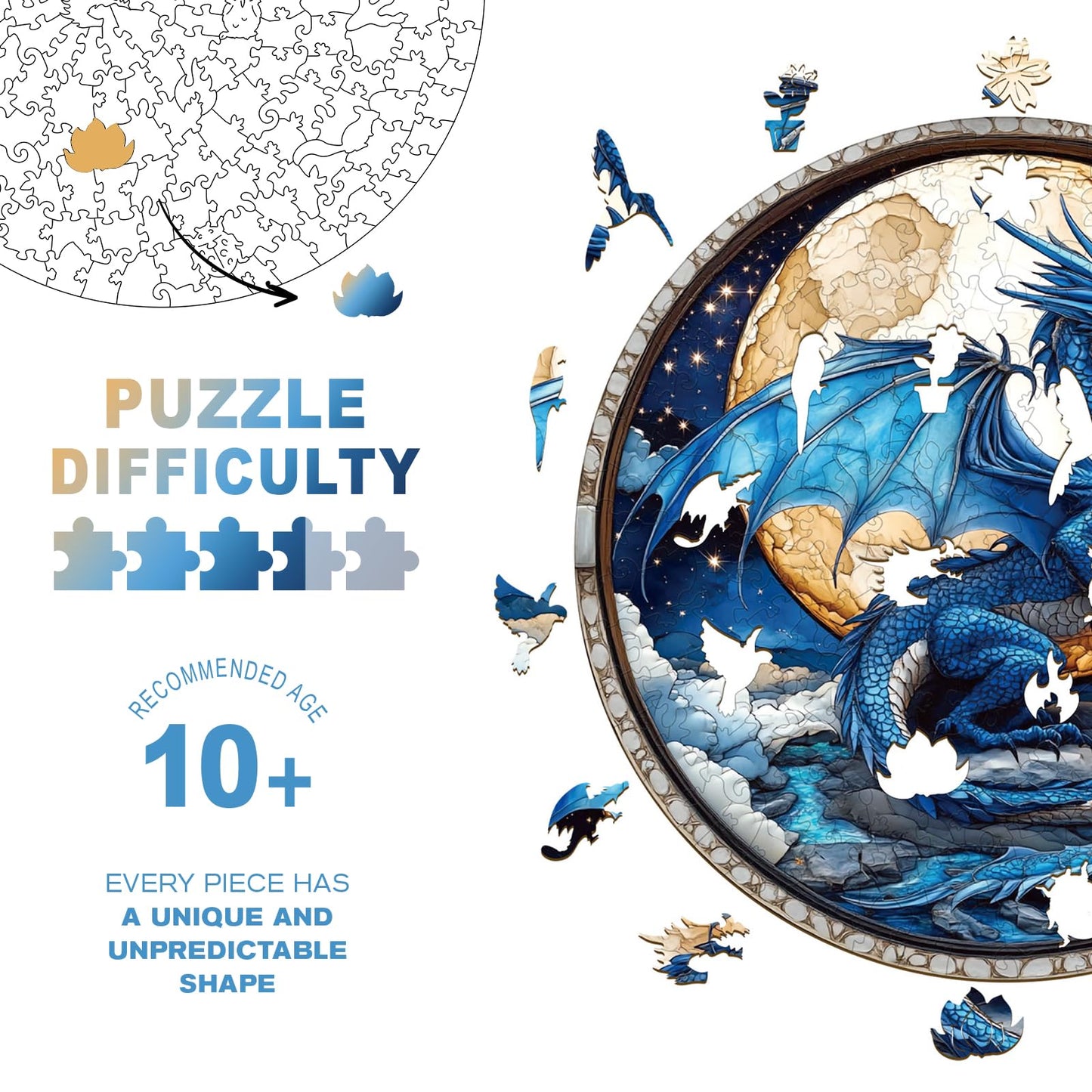 Wooden Puzzles for mature-themeds  Unique Animal Shaped Moonlit Blue Dragon mature-themed Puzzle  3D Vision Wooden Jigsaw Puzzles mature-themed  Challenging Creative Gifts Family Games 11.4 * 11.4in 200pcs