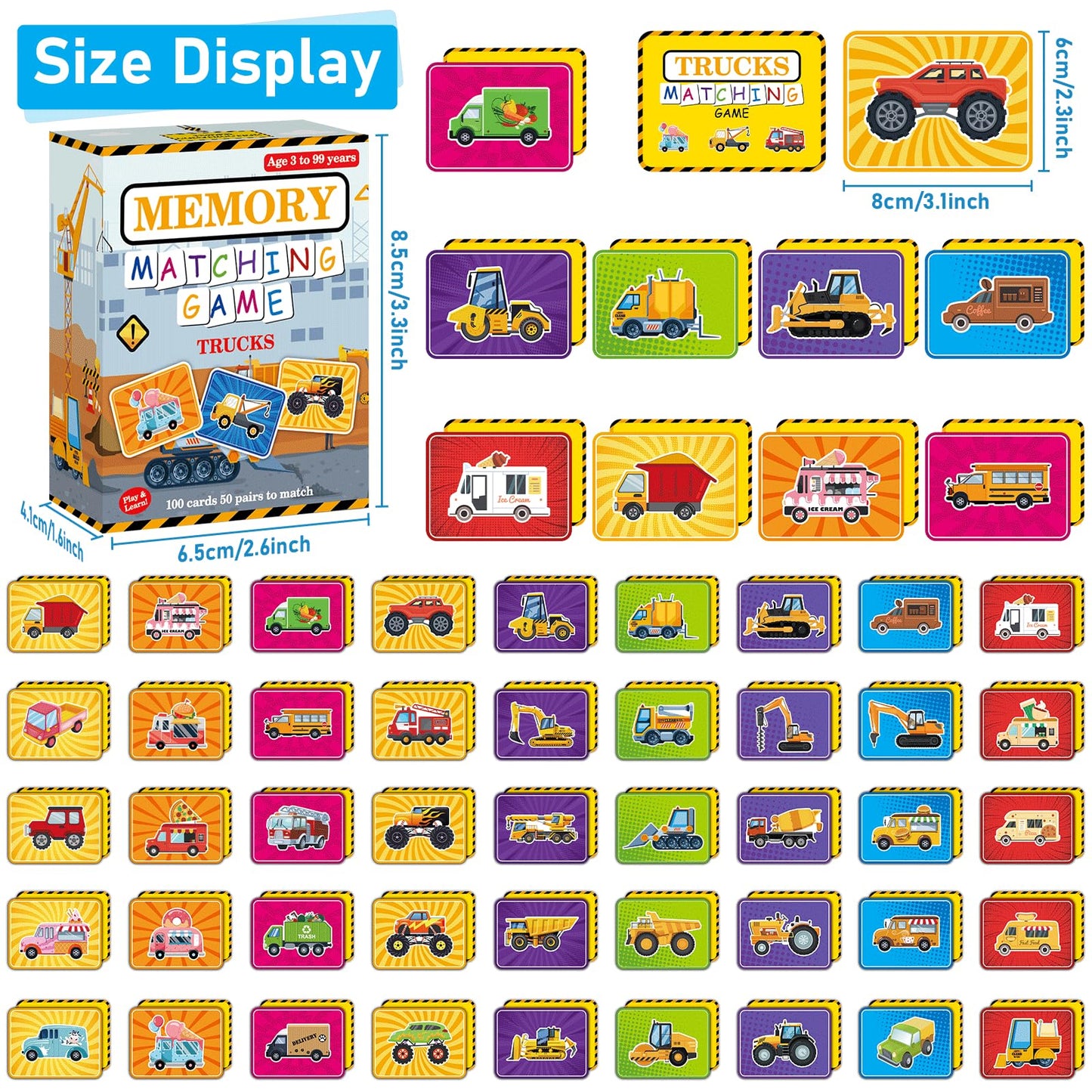 Gisgfim 50 Pairs Memory Matching Game For Kids Trucks Concentration Games For Preschool Educational Ages 4-8 A Fun & Fast Vehicl