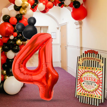 Lebery Mouse Number 4 Balloon 40 Inch Red Number 4 Balloon Mini Mouse Head Balloon For 4Th Birthday Party, Black Red Large Number 4 Foil Balloon For Baby Shower Anniversary Supplies Decorations
