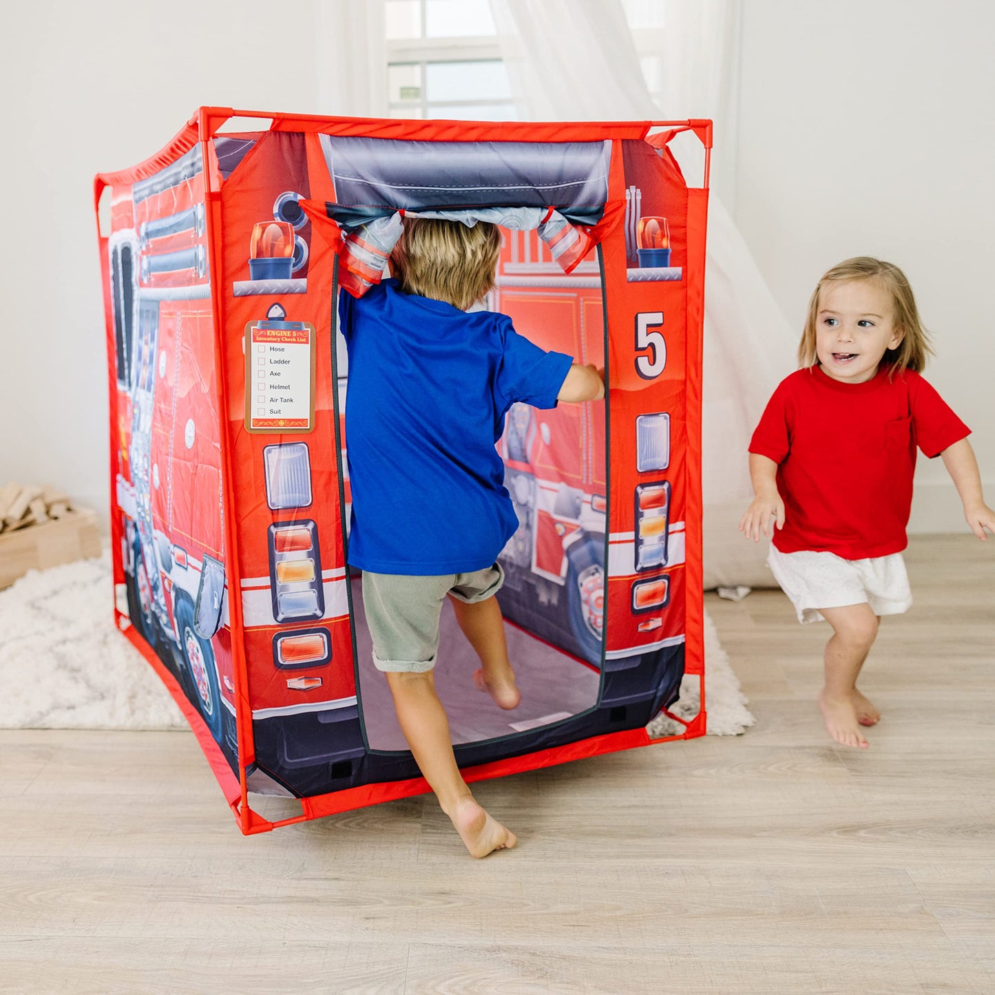 Melissa & Doug Fire Truck Play Tent - Role Play Firefighter Tent for Kids 3+, Multi-color, Model 32102, Durable Wood Construction