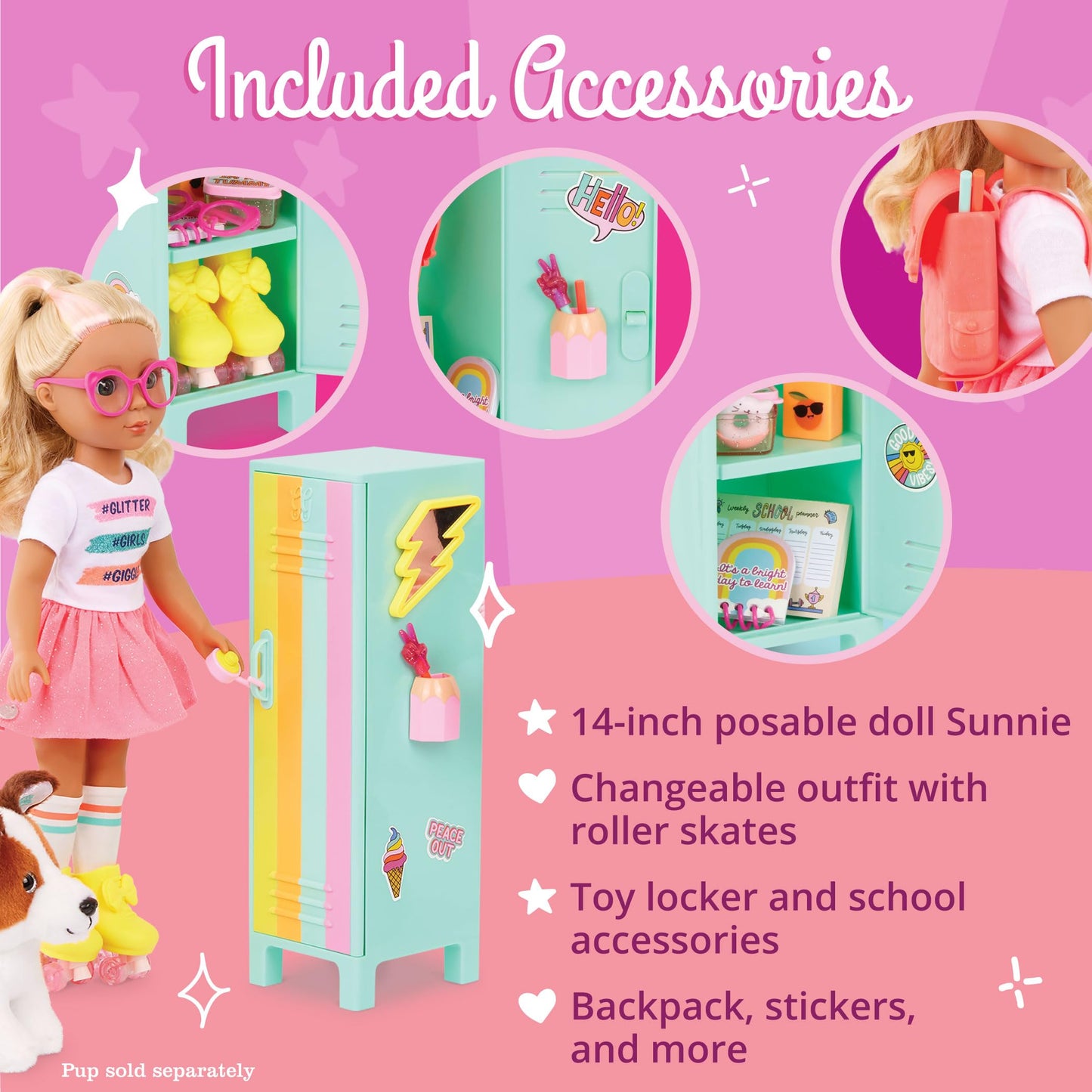 Glitter Girls - 14-Inch Poseable Doll Set - Blonde Hair & Green Eyes - School Locker, Roller Skates & Accessories - Toys for Kid