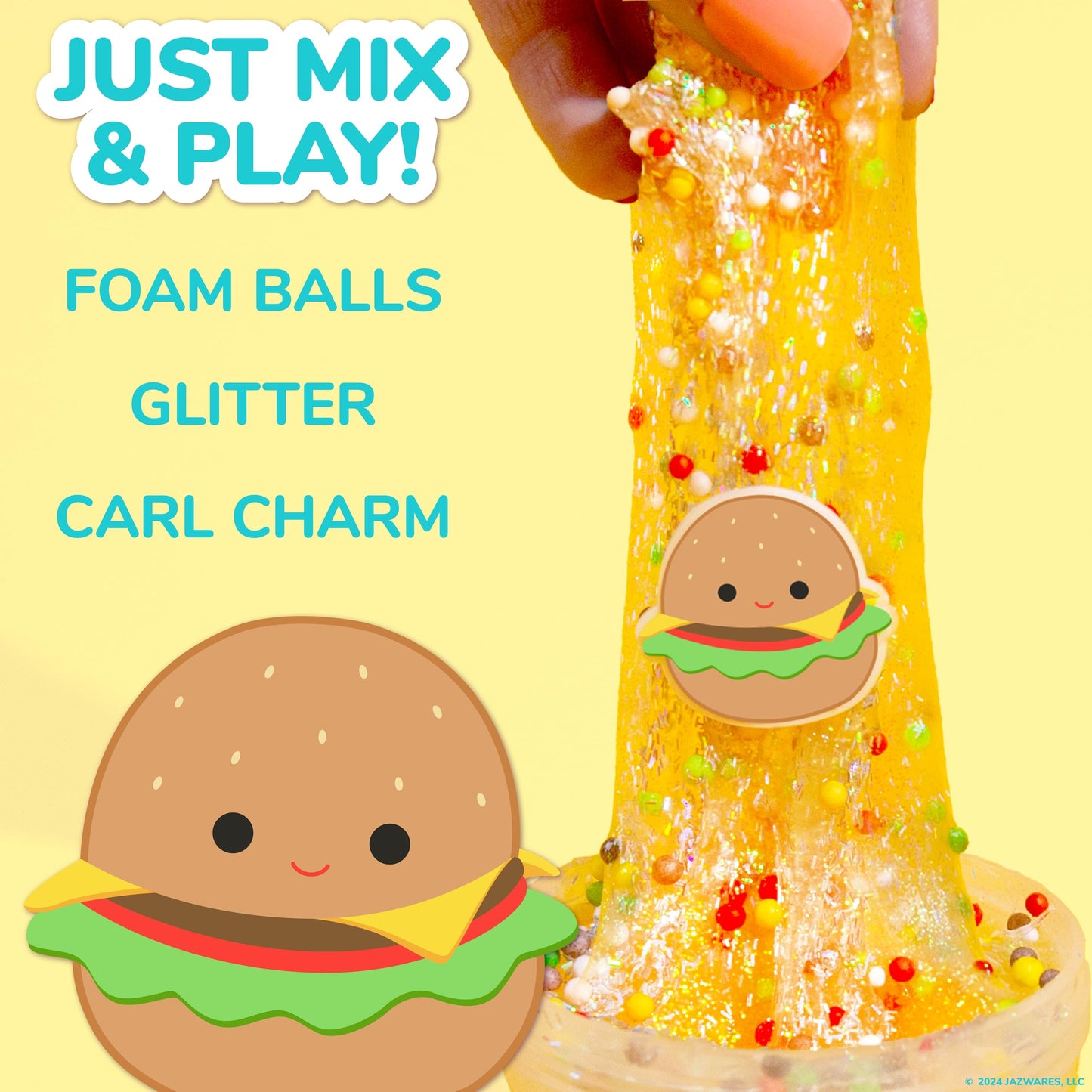 Original Squishmallows Glitter Carl The Burger Charm, Vanilla-Scented Slime, 3 Slime Add-Ins, Pre-Made Sludge Toy For Kids, Grea