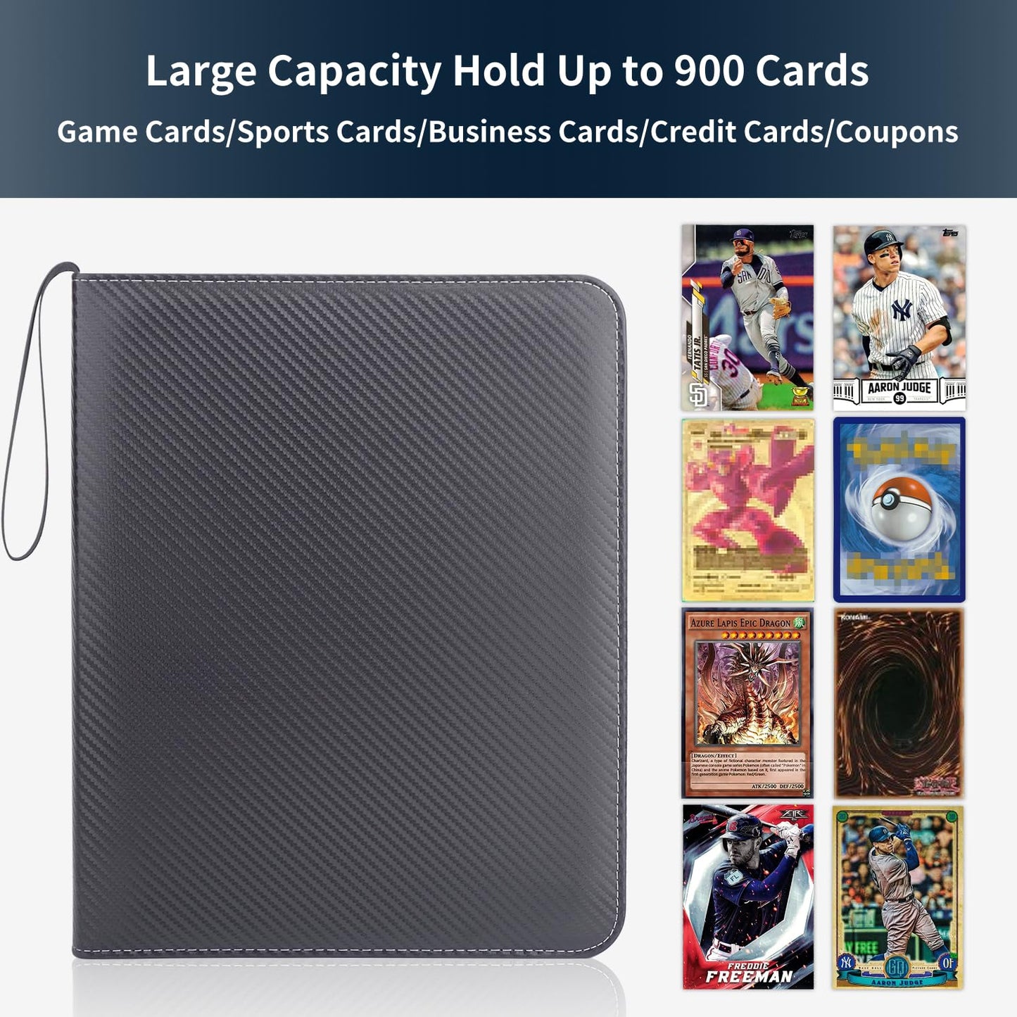 Hesplus Trading Card Binder, 900 Pockets Sleeves With Zipper, Double Sided Pocket Pu Card Collection Binder, Collector Card Albu