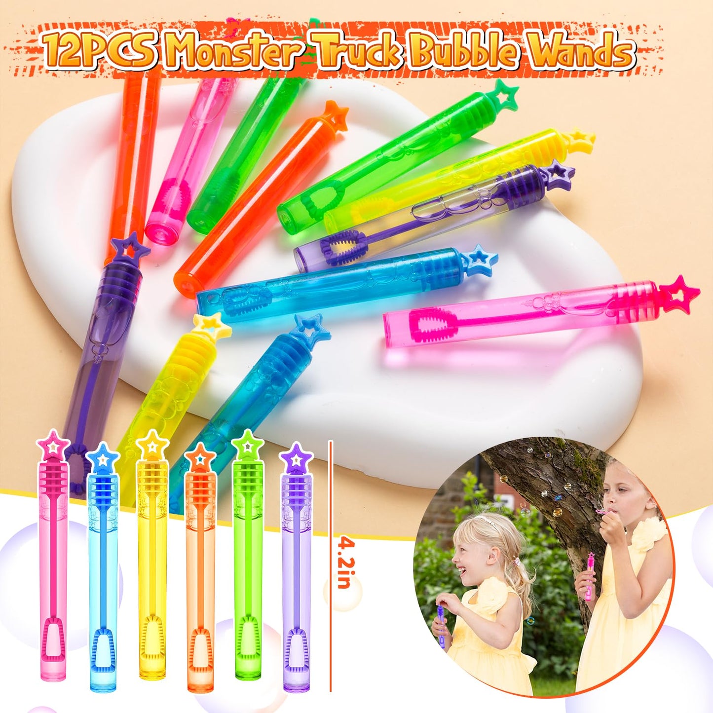 SNLN 98Pcs Monster Truck Party Favors Birthday Supplies for Boys Kids, Bubble Wands Drinking Straws Slap Bracelets Keychains Sti