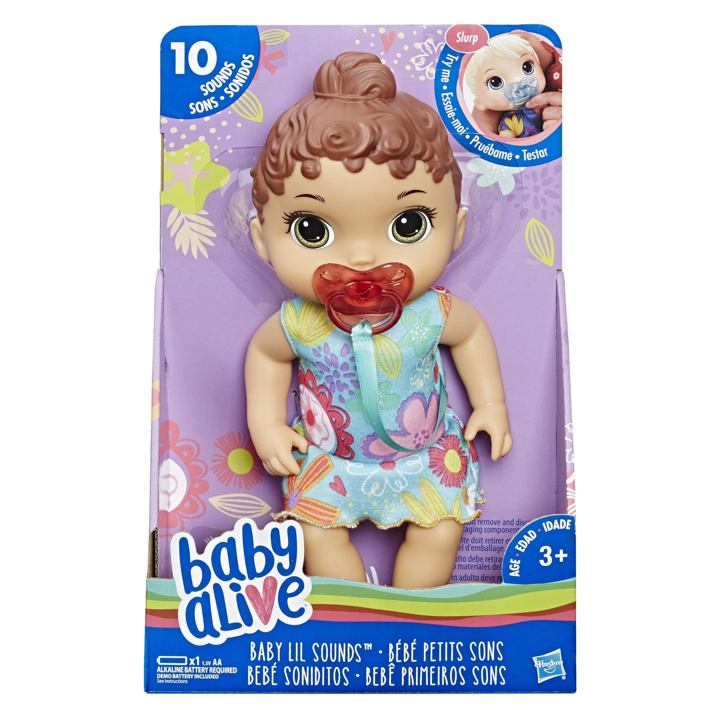 Baby Alive Baby Lil Sounds: Interactive Brown Hair Baby Doll For Girls & Boys Ages 3 & Up, Makes 10 Sound Effects, Including Giggles, Cries, Baby Doll With Pacifier