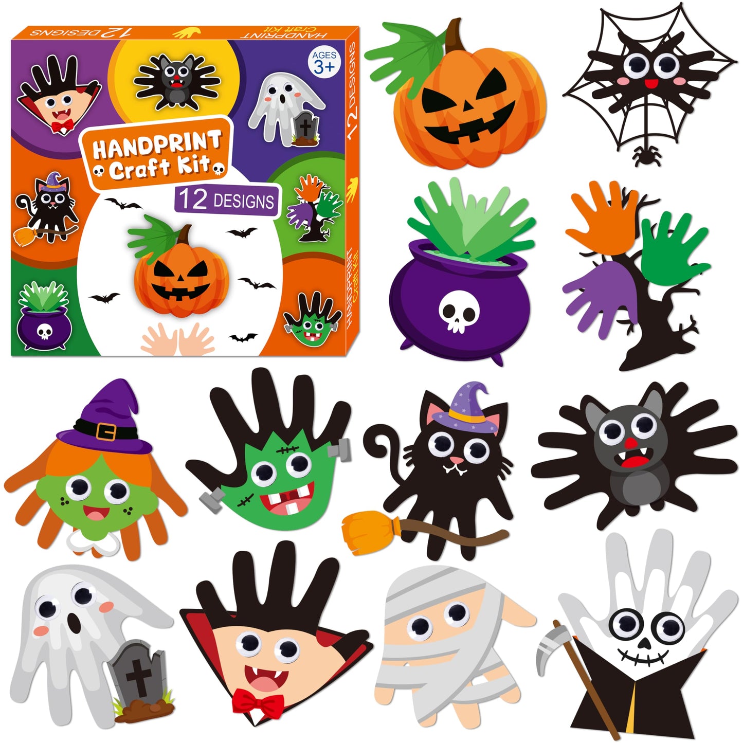 WATINC Halloween Handprint Art Craft - Halloween Pumpkin Witches Zombie DIY Craft Kit, Bats Spiders Themed Hand Print Arts Suppl