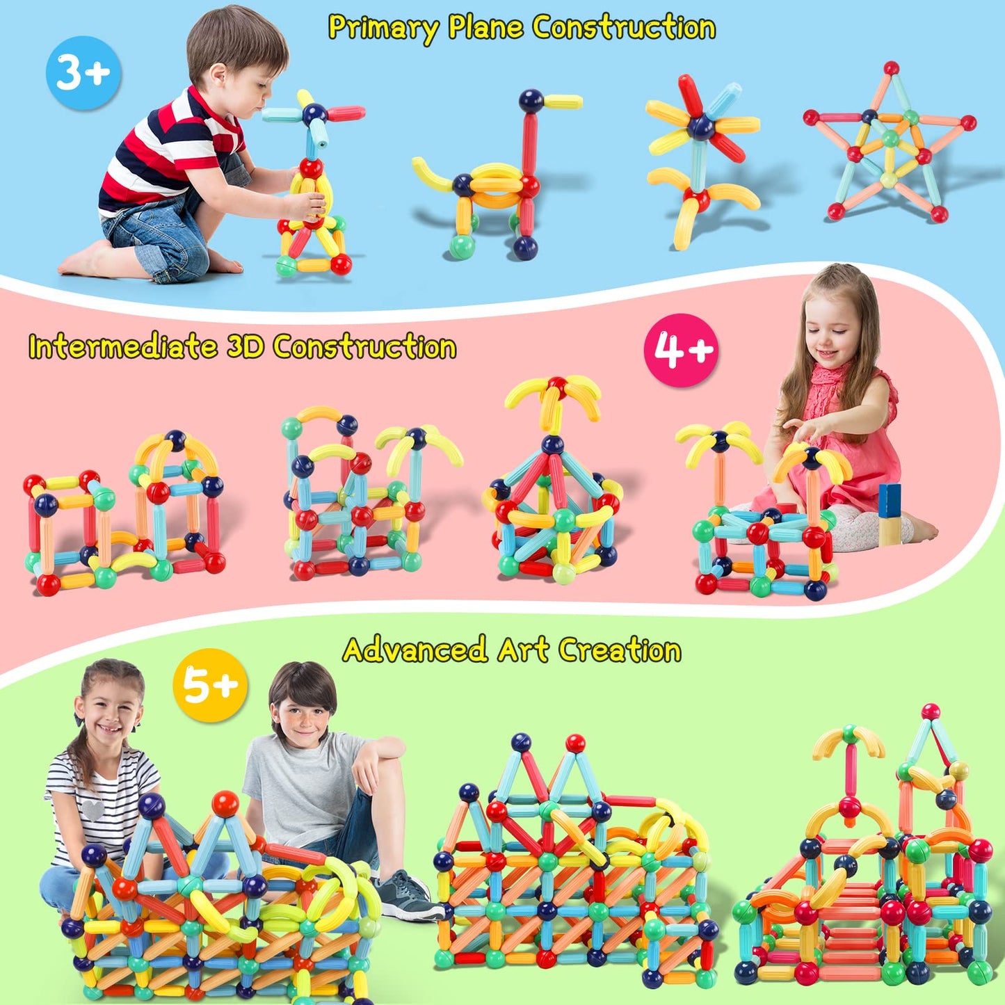 Urec 64Pcs Magnetic Building Blocks, Montessori Magnet Toys For Toddlers, Stem Learning Toys For Boys And Girls, Creativity Kids Games, Abs Material, Non-Toxic, Ages 3+, Mgb-64