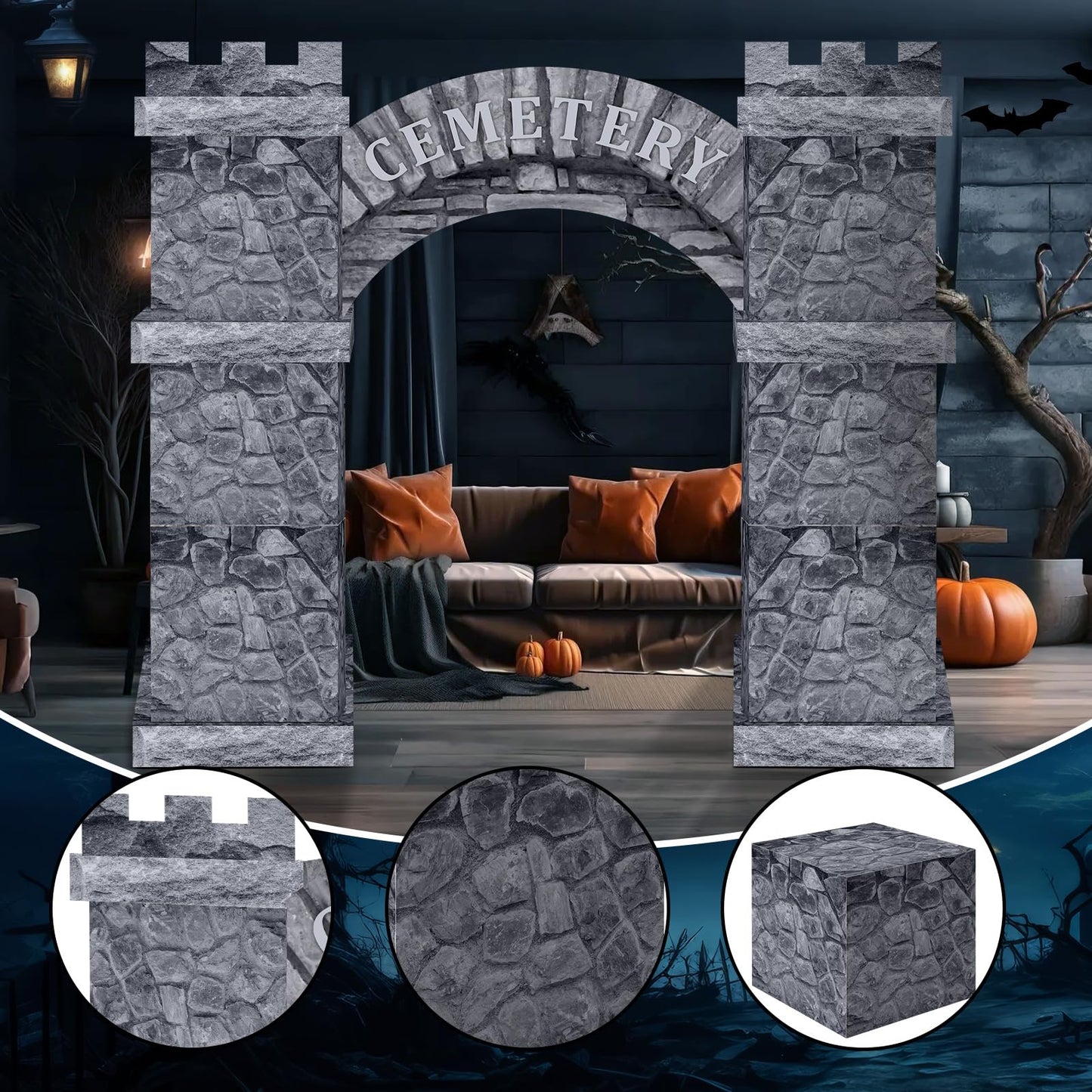 Bucherry 15 Pcs Halloween Cemetery Graveyard Decorations Cardboard Tombstone Castle with Arch 49 Inch Large Halloween Haunted Pl