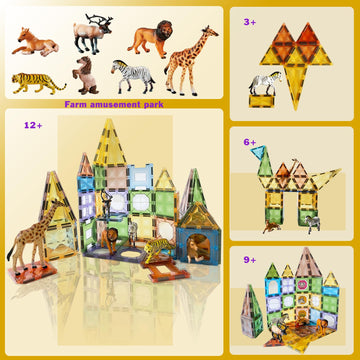BUBUQE Magnetic Tiles 3D Magnet Building Block Toys Educational Stem Learning Toy with Farm Animal and Lighting Effect Construct