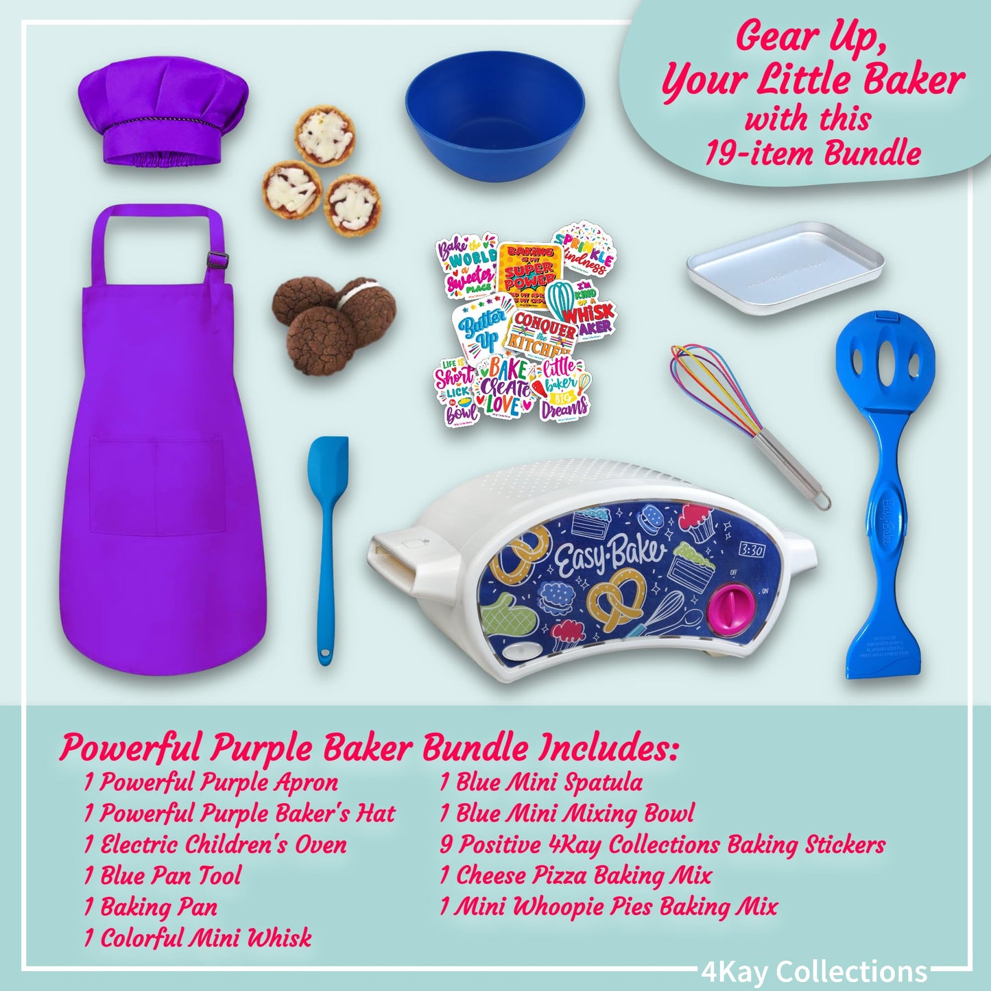 Ultimate Easy Baking Oven Bundle For Kids With 19 Items - Oven  2 Refill Mixes  Apron  Hat  Bowl  Spatula  Whisk  9 Stickers  Baking Pan & Tool (Powerful Purple Baker Bundle)