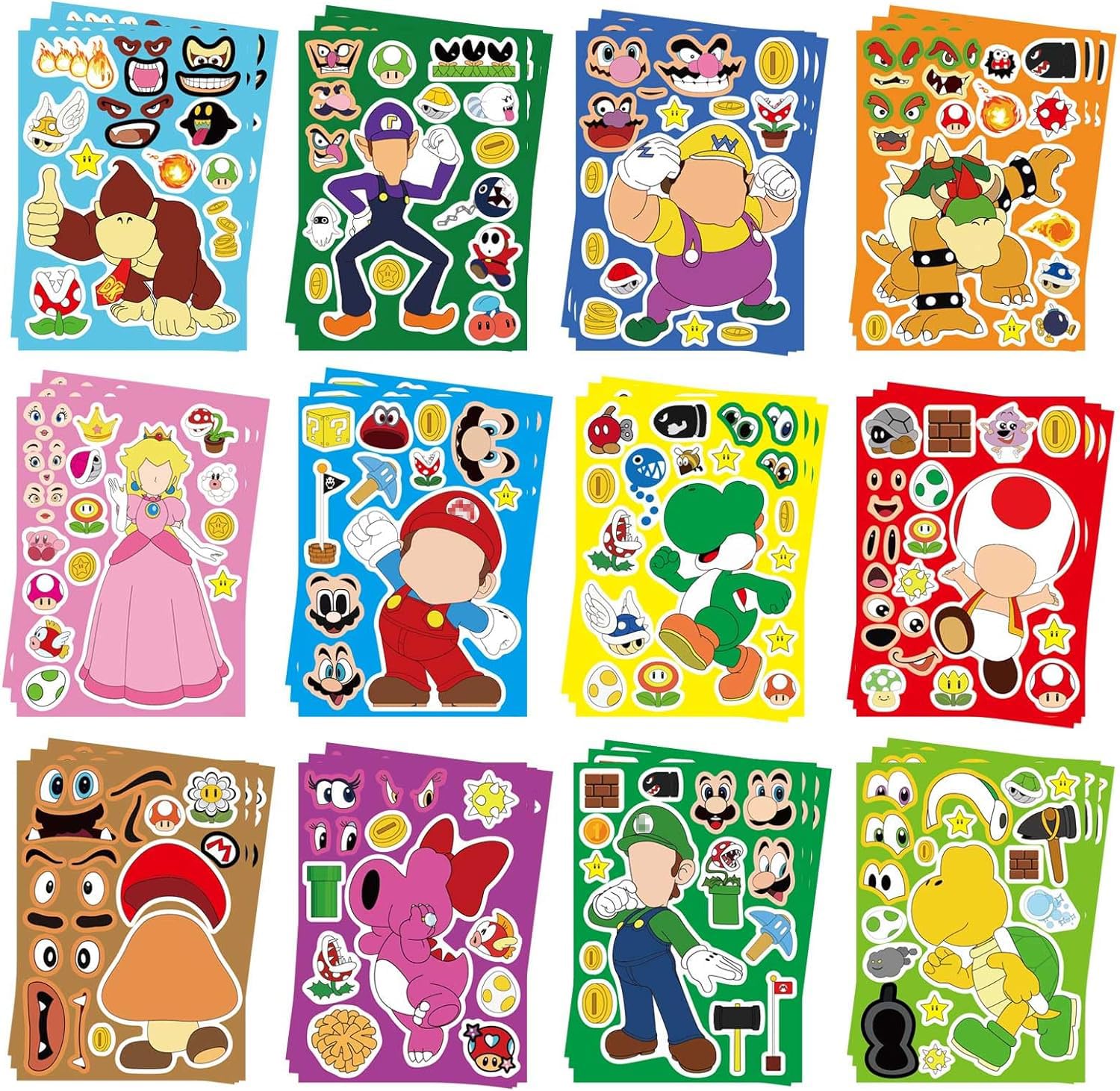 36PCS Mario Make a Face Stickers, DIY Mario Party Supplies Favors Make Your Own Stickers Mixed and Matched with Different Design