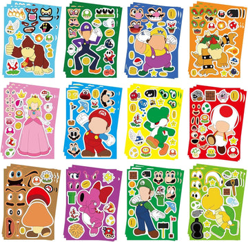 36PCS Mario Make a Face Stickers, DIY Mario Party Supplies Favors Make Your Own Stickers Mixed and Matched with Different Design