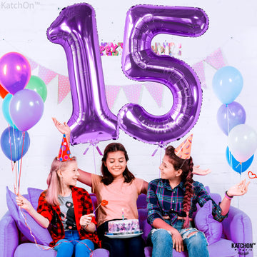 Katchon Purple 2-Piece Number 15 Balloon Set - 40 Inch, 15Th Birthday & Anniversary Decorations For Girls