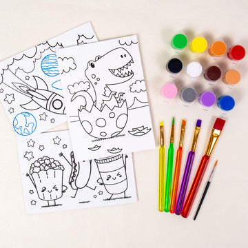 Horizon Group Usa Pre-Printed Canvas & Paint Art Set. Ready To Paint 5' X 7' Canvas Panels, 12 Tempera Paints, 6 Easy-Grip Assorted Paintbrushes Included. Dino, Space & Food.