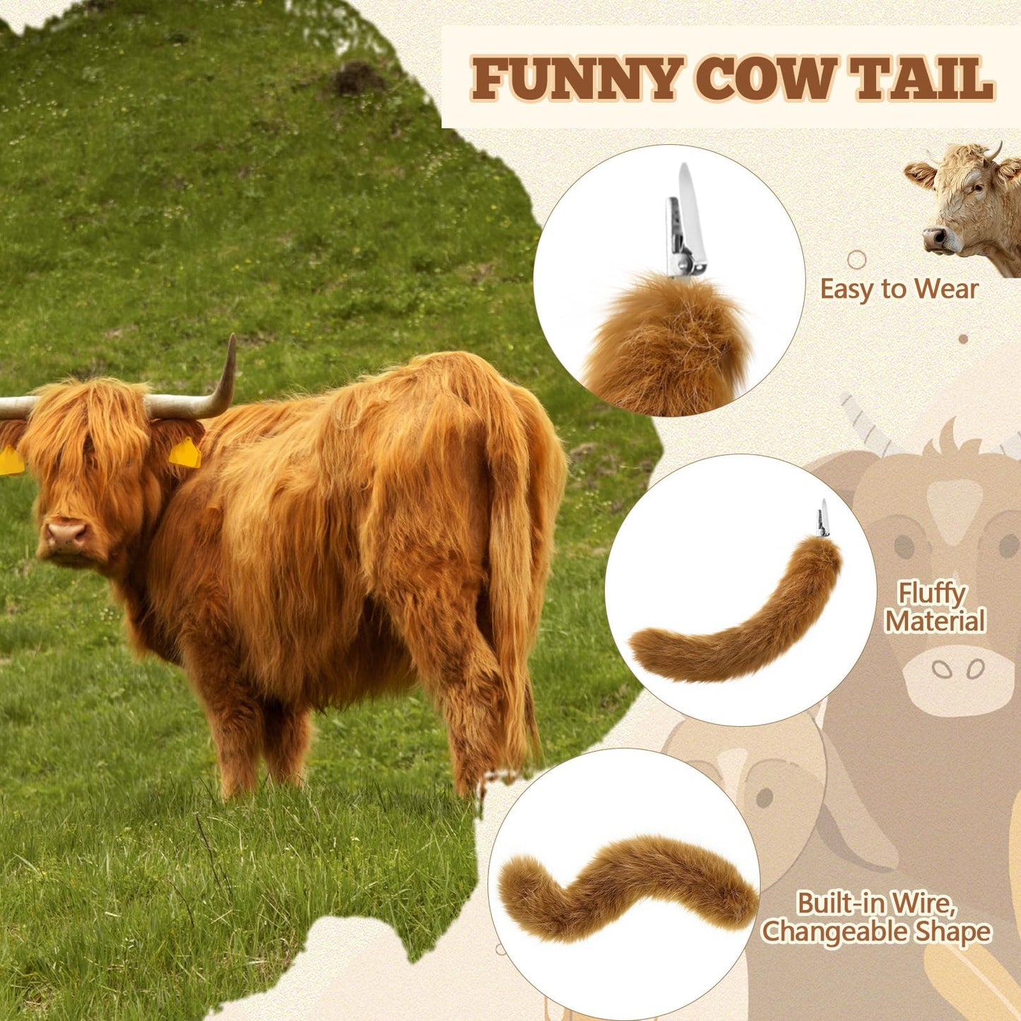 Janinka 5pcs Halloween Highland Cow Costume Set for Girls Women Brown Cow Ears Horns Headband Bowtie Tail Tutu Skirt Animal Fanc