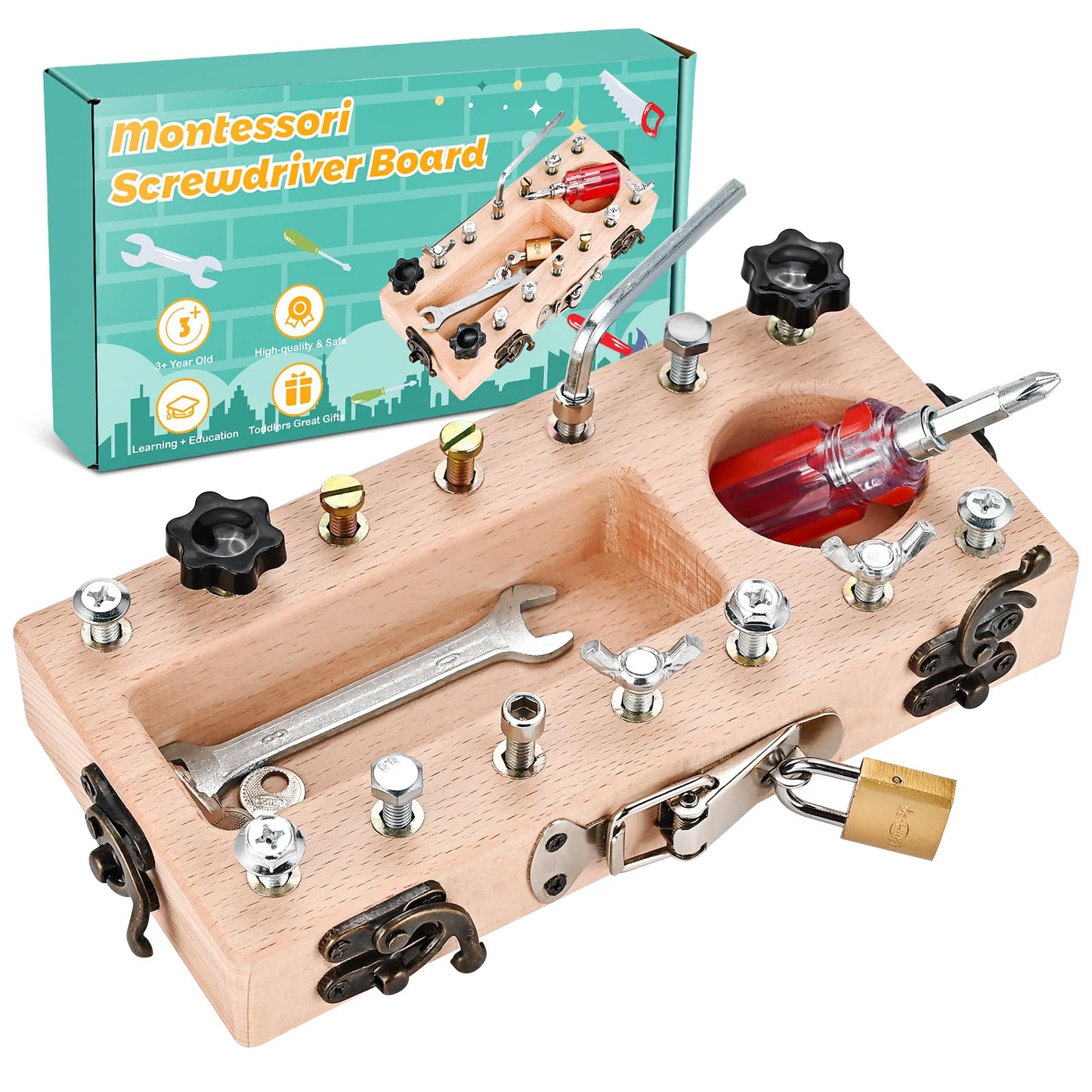 Wooderma Wooden Montessori Toys For 3 4 5 Year Old, Montessori Screwdriver Board Set With Lock And Key Toy, Educational Sensory