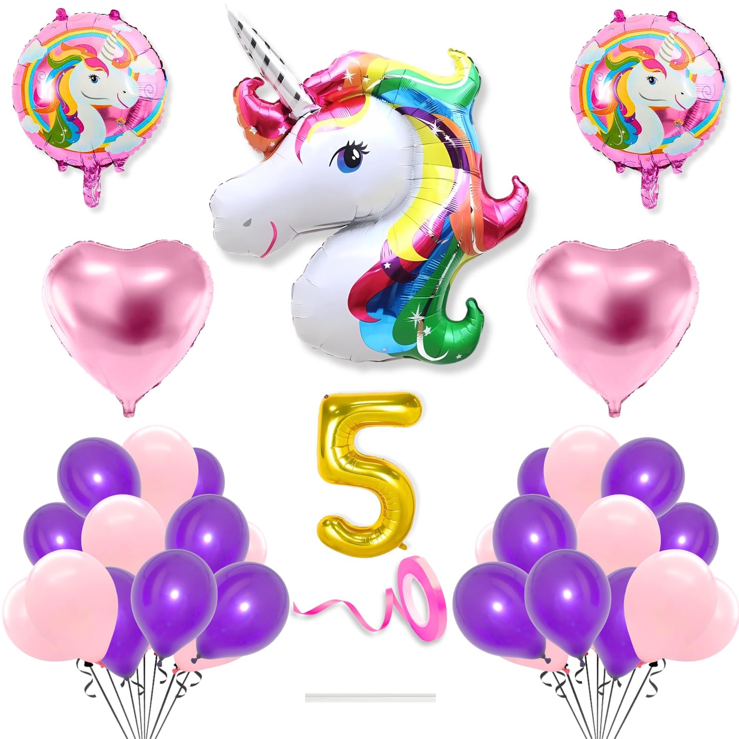 Flyloons 5Th Unicorn Theme Birthday Decoration Kit Pink Purple For 5 Year Old Baby Boys Girls Kids 5 Pcs Unicorn Theme 30 Pcs Pa