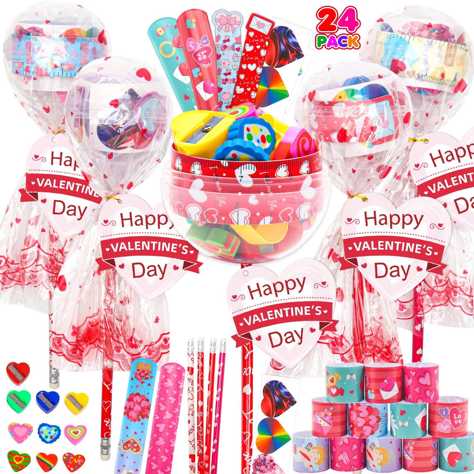 Valentines Day Gifts for Kids - 24 Pack Lollipop-Shaped Stationery Set with Heart Cards, Pencils, Stickers, Erasers, Sharpener f
