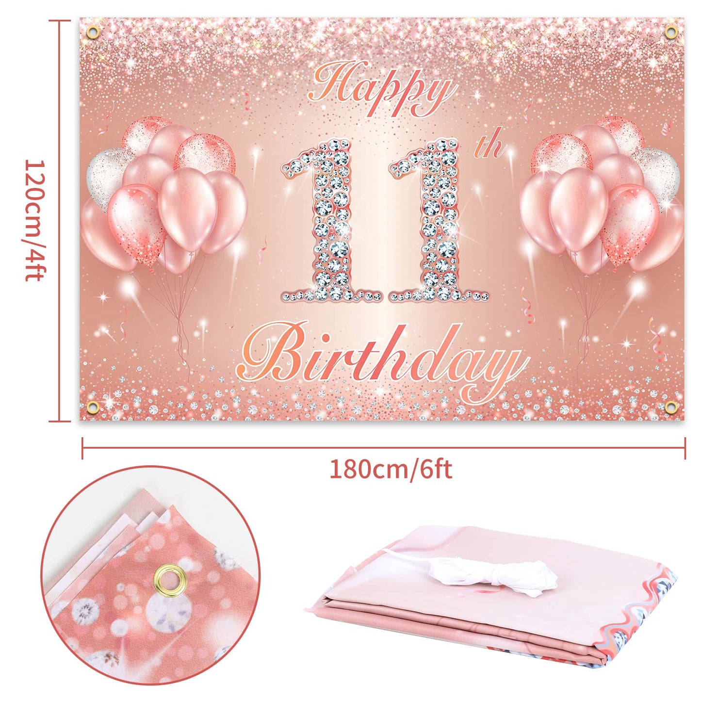 Happy 11Th Birthday Banner Backdrop - 11 Birthday Party Decorations Supplies For Girls Or Boys - Rose Gold 4 X 7Ft