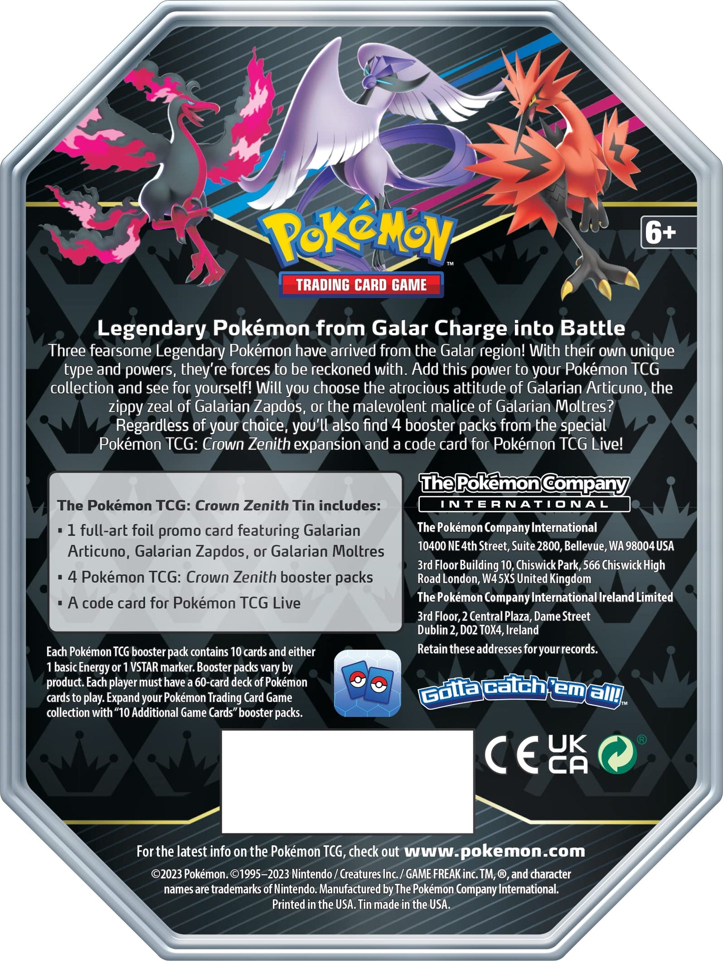 Pokemon TCG Crown Zenith Tin - Galarian Articuno with 1 Foil Card & 5 Booster Packs, Multicolor